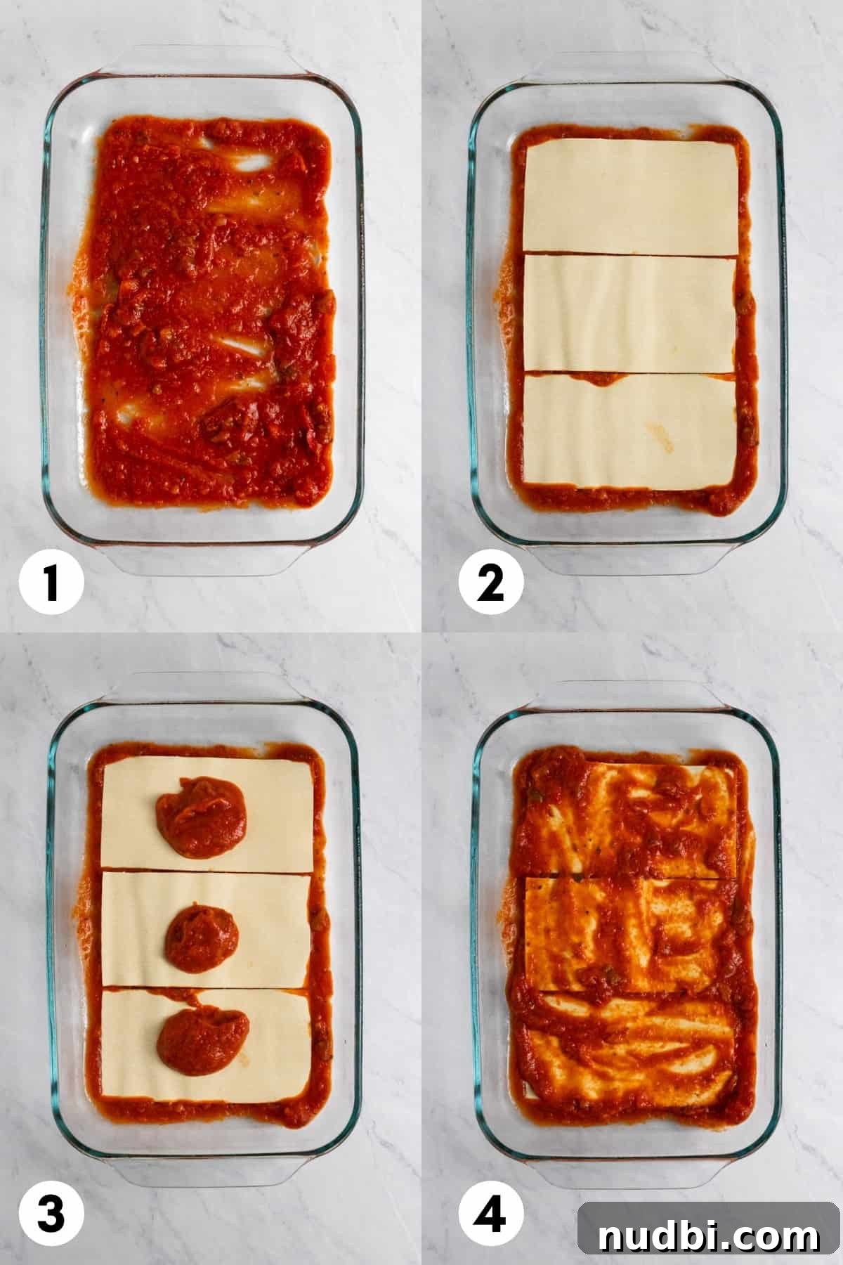 No-Boil Lasagna Recipe: Quick, Cheesy Oven-Baked Lasagna 5 Lasagna layers added to pan.