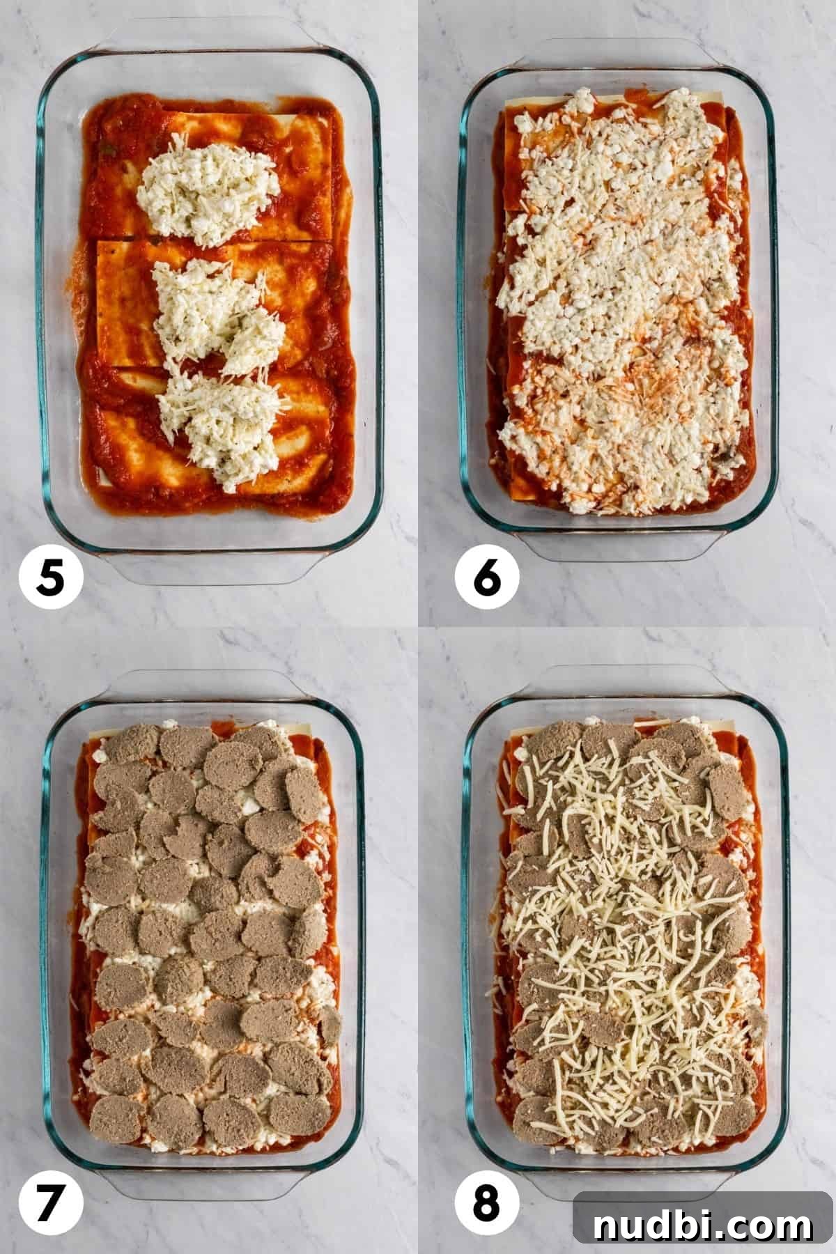 No-Boil Lasagna Recipe: Quick, Cheesy Oven-Baked Lasagna 6 Sauce, meat and cheese layered in pan.