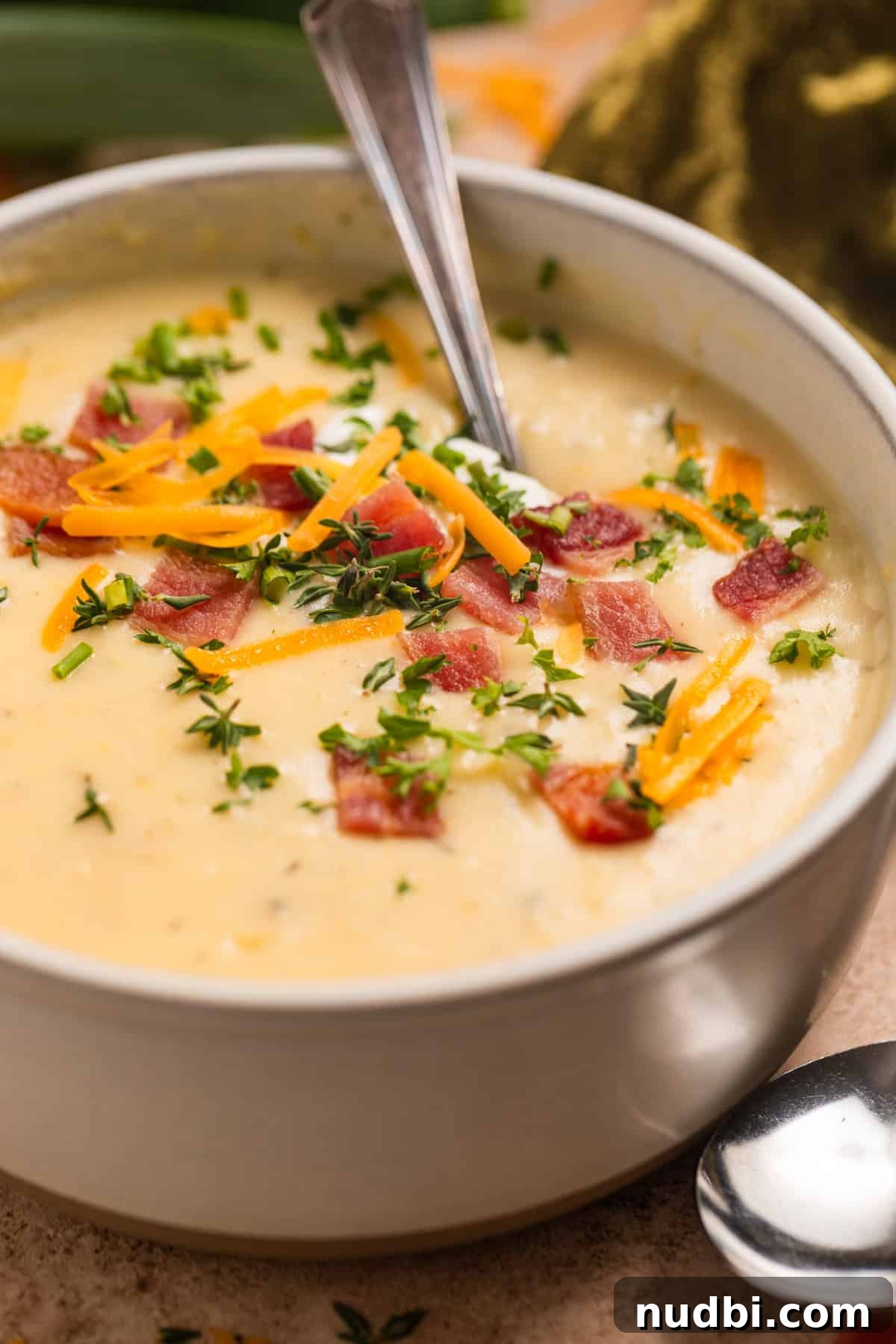 Creamy Instant Pot Potato and Leek Soup Recipe 2 Bowl of Instant Pot Potato Leek soup topped with cheese, bacon, chives and fresh thyme.