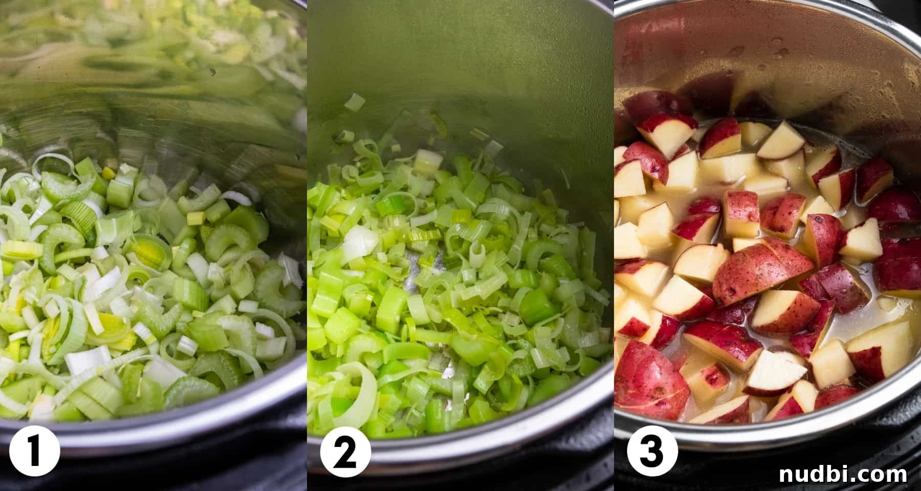 Creamy Instant Pot Potato and Leek Soup Recipe 4 Leeks and celery in Instant Pot and then potatoes and broth added.