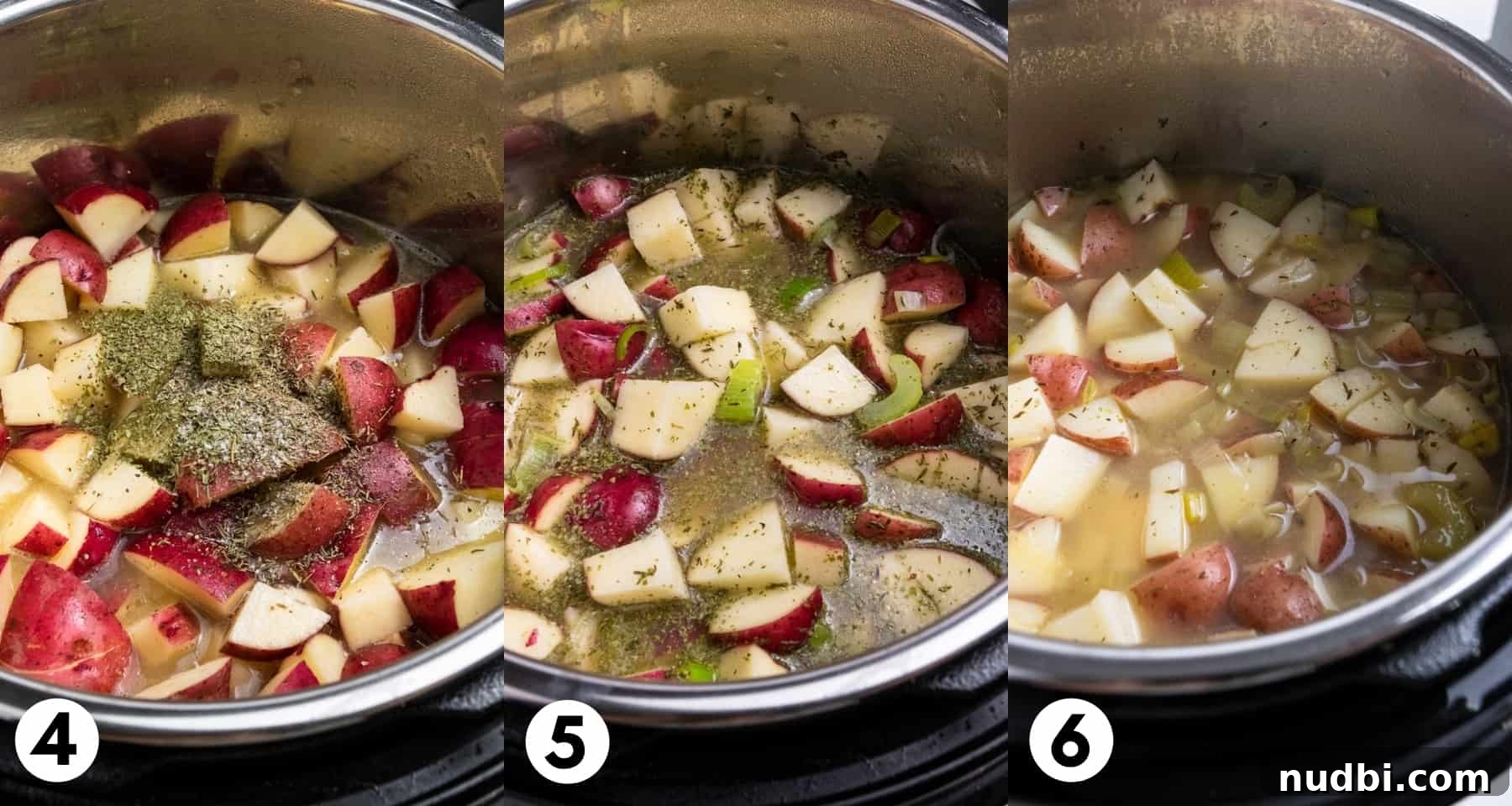 Creamy Instant Pot Potato and Leek Soup Recipe 5 Potatoes in instant pot with broth and seasonings.