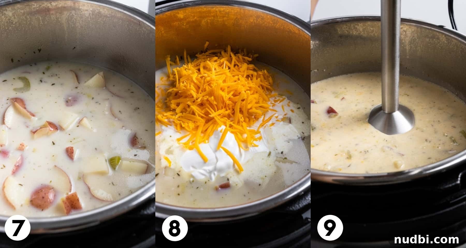 Creamy Instant Pot Potato and Leek Soup Recipe 6 Cream added to soup pan with cheese and other ingredients.