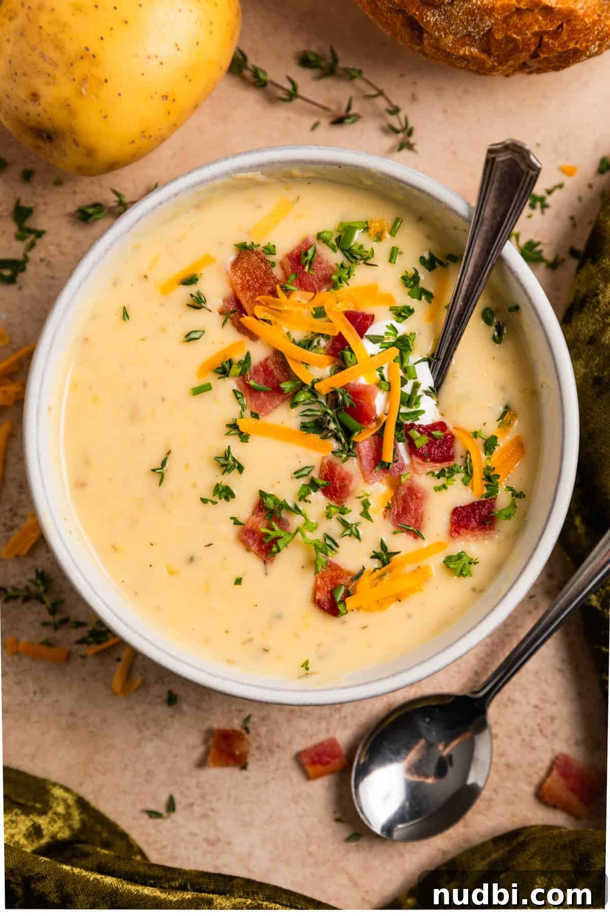 Creamy Instant Pot Potato and Leek Soup Recipe 8 Overhead view of bowl of potato leek soup with toppings and spoon scooping into the bowl.
