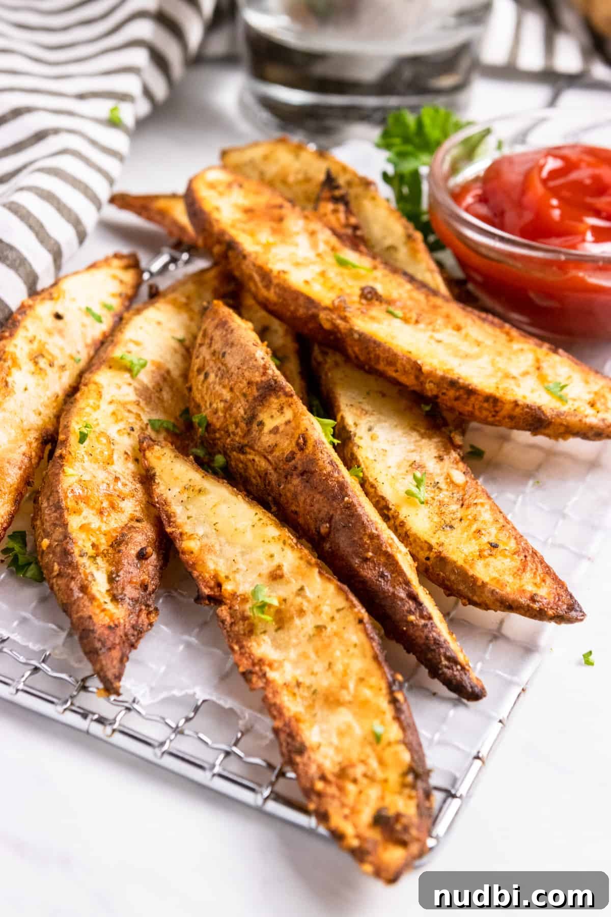 Crispy Air Fryer Potato Wedges Recipe for Perfect Sides 2 air fryer potato wedges on wax paper with ketchup.