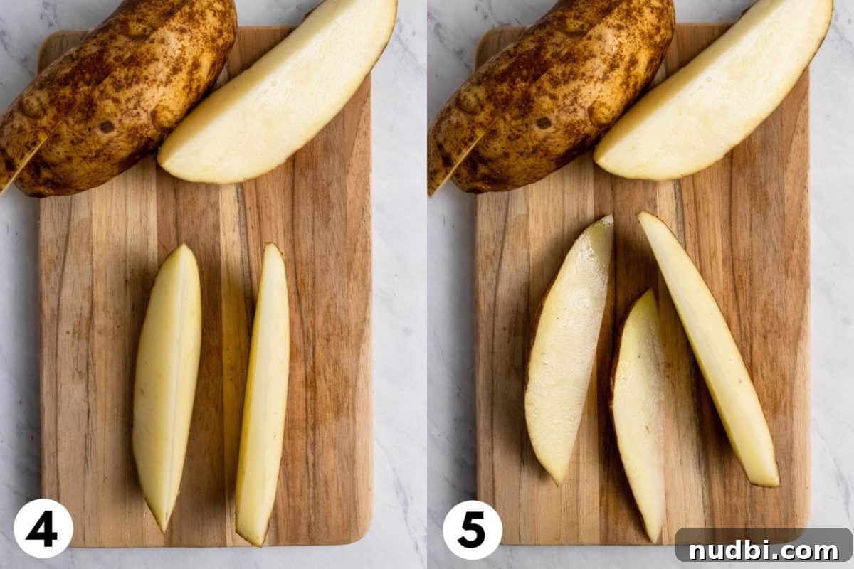 Crispy Air Fryer Potato Wedges Recipe for Perfect Sides 5 Potatoes on cutting board being cut.