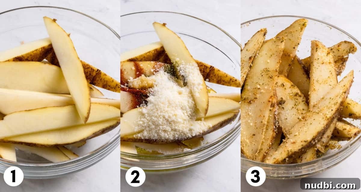 Crispy Air Fryer Potato Wedges Recipe for Perfect Sides 6 Potato wedges in mixing bowl with parmesan and seasonings.