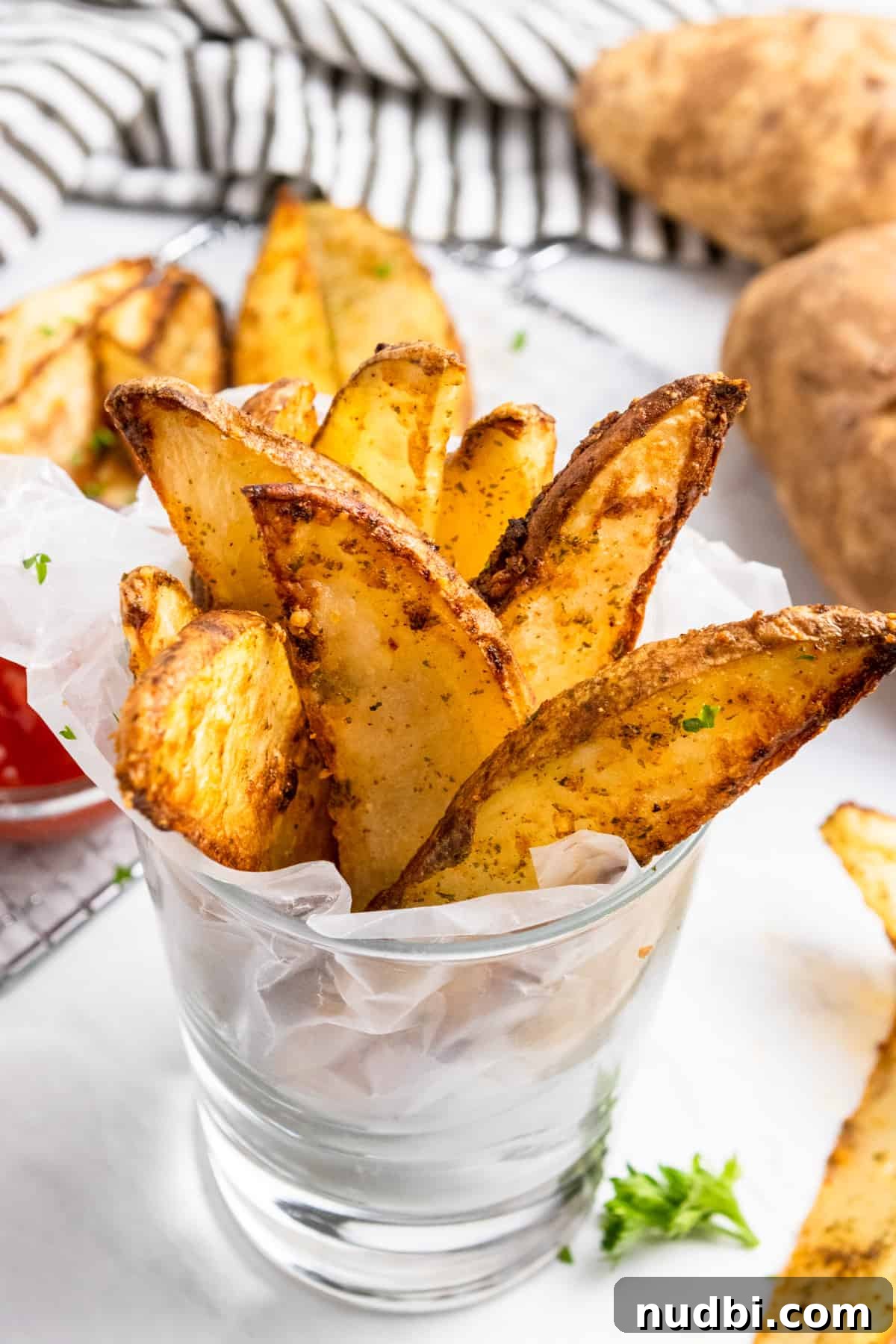 Crispy Air Fryer Potato Wedges Recipe for Perfect Sides 8 Crispy air fried potato wedges in glass with ketchup.