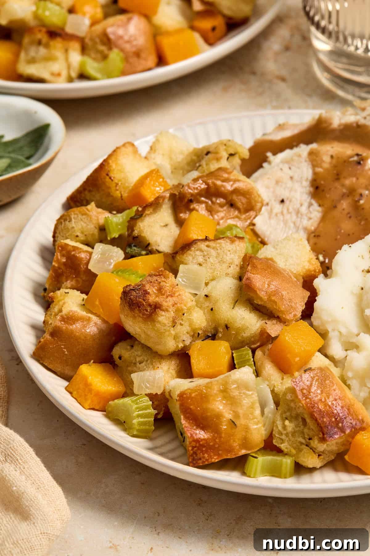 Savory Butternut Squash Stuffing Recipe for Holiday Dinners 11 Plate with stuffing, turkey, mashed potatoes and gravy.