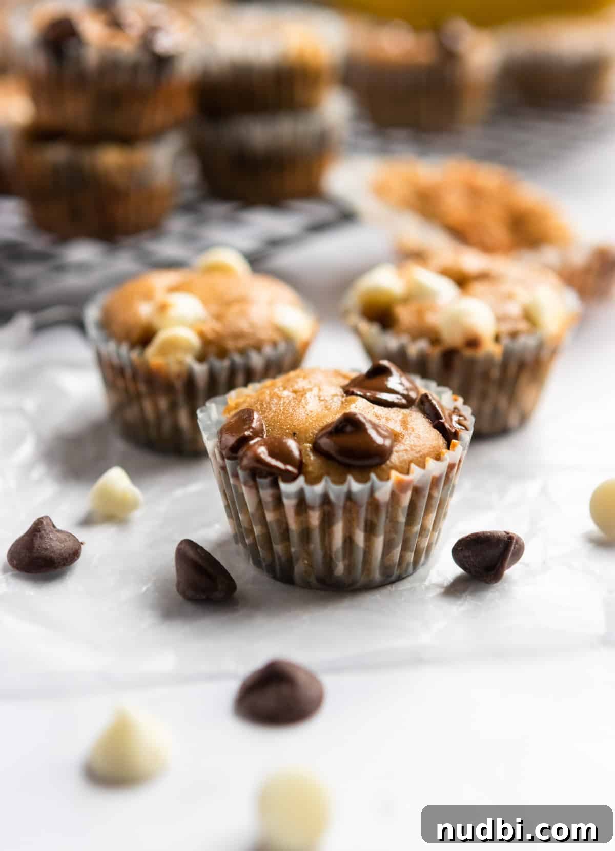 Peanut Butter Banana Mini Muffins (Flourless, Gluten-Free) 2 Flourless Peanut Butter Banana Muffins with white and dark chocolate chips.
