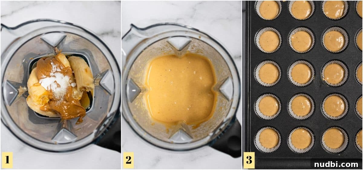 Peanut Butter Banana Mini Muffins (Flourless, Gluten-Free) 4 Process shots to make blender muffins.