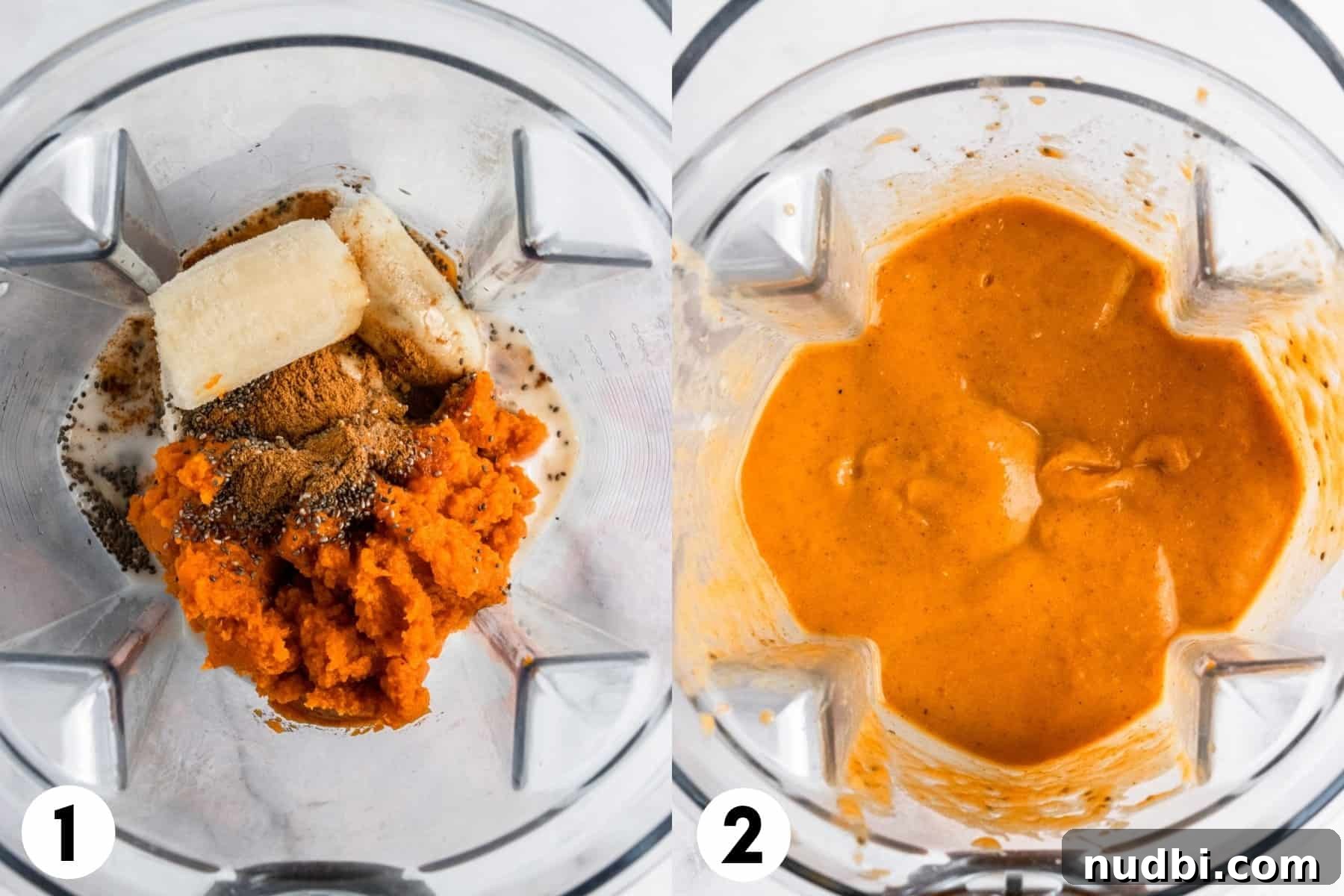 Pumpkin Pie Smoothie Recipe for Creamy Fall Breakfast 5 Ingredients in blender before and after blending.