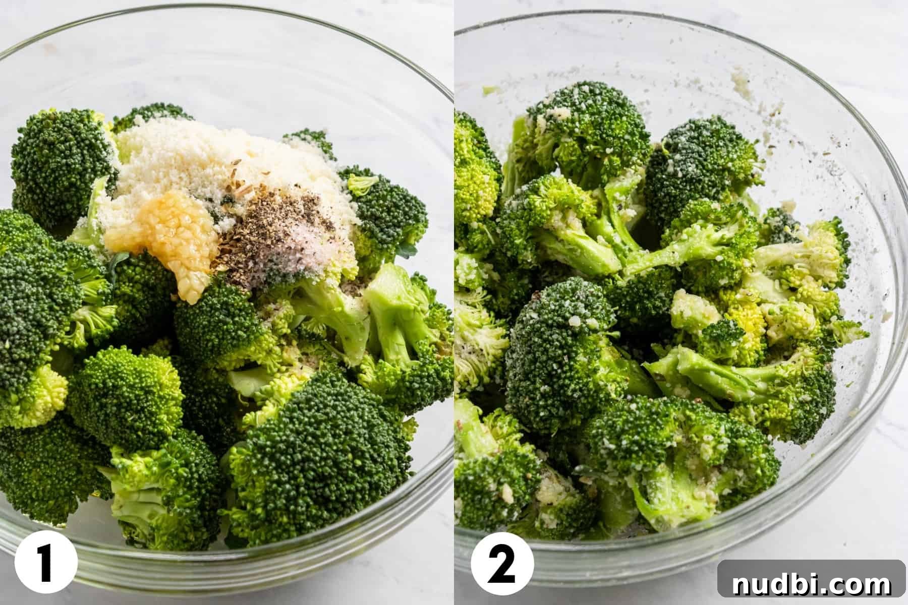 Crispy Air Fryer Broccoli with Garlic and Parmesan 4 Broccoli, garlic, parmesan and seasonings in mixing bowl.