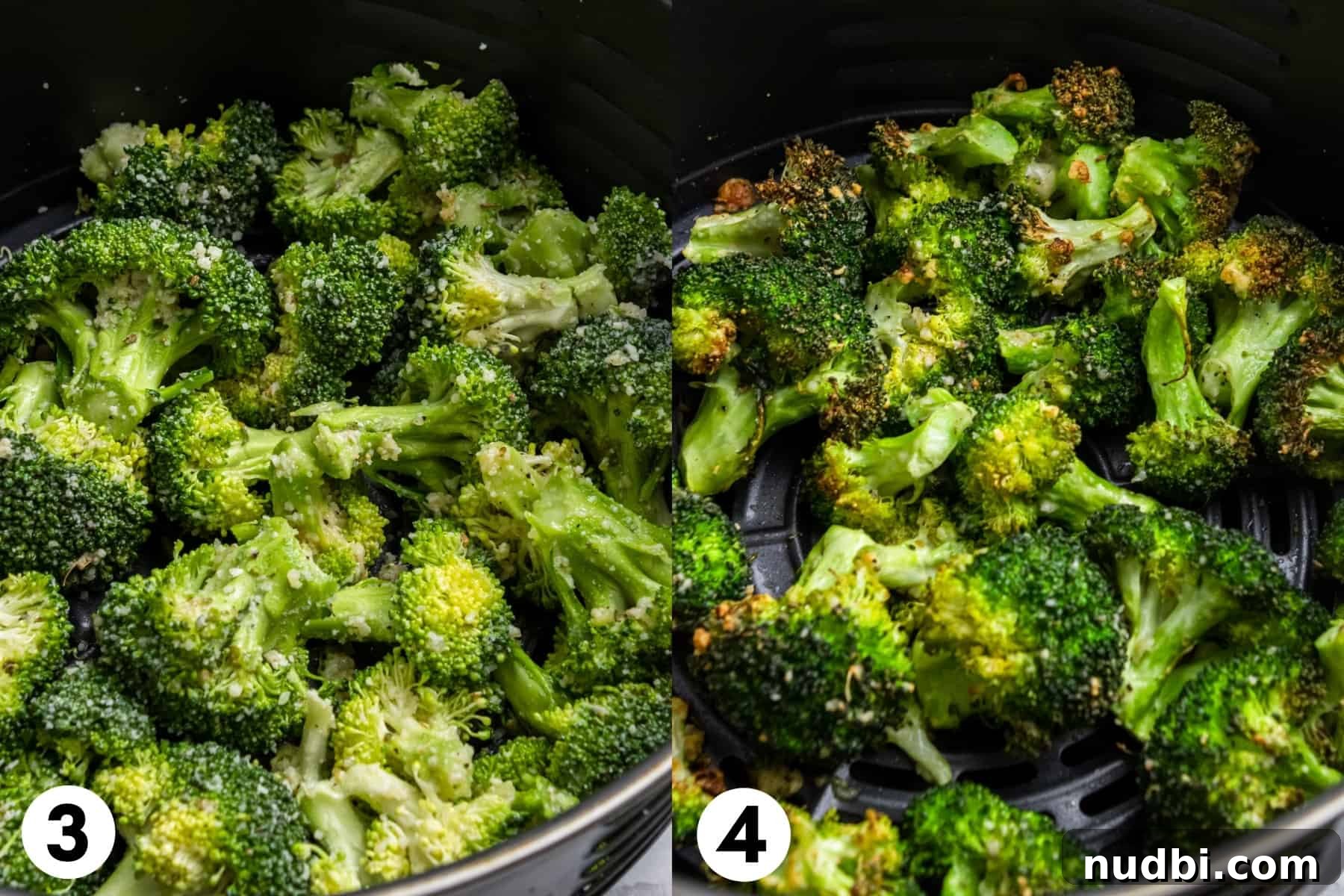 Crispy Air Fryer Broccoli with Garlic and Parmesan 5 Broccoli in air fryer before cooking and after cooking.