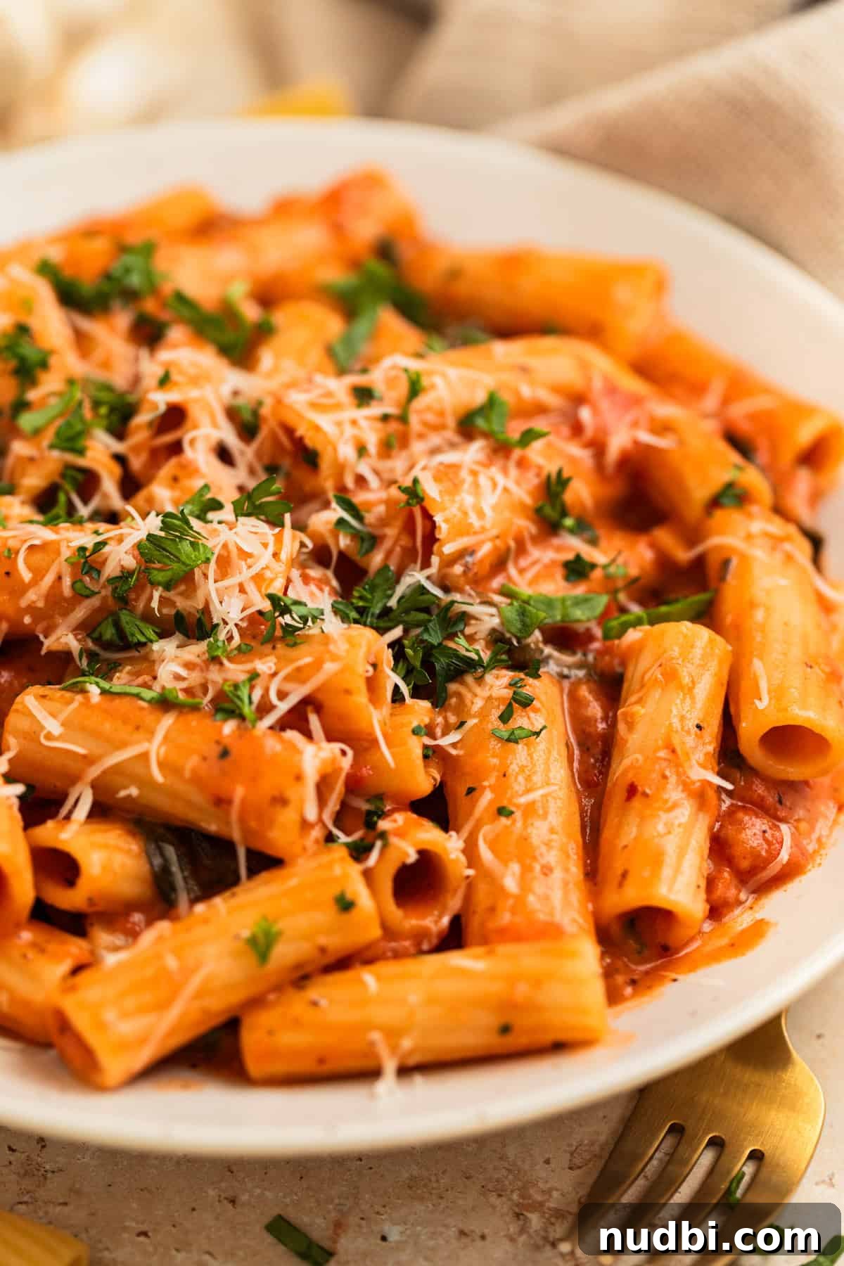 Creamy One-Pot Pasta Recipe for Quick Weeknight Meals 2 Plate with creamy one pot pasta topped with grated parmesan cheese, basil and parsley.