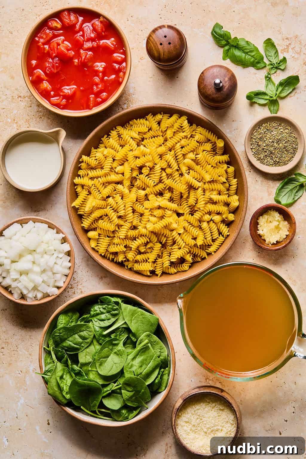 Creamy One-Pot Pasta Recipe for Quick Weeknight Meals 3 Pasta, cream, cheese, spinach, and other ingredients needed to make recipe.