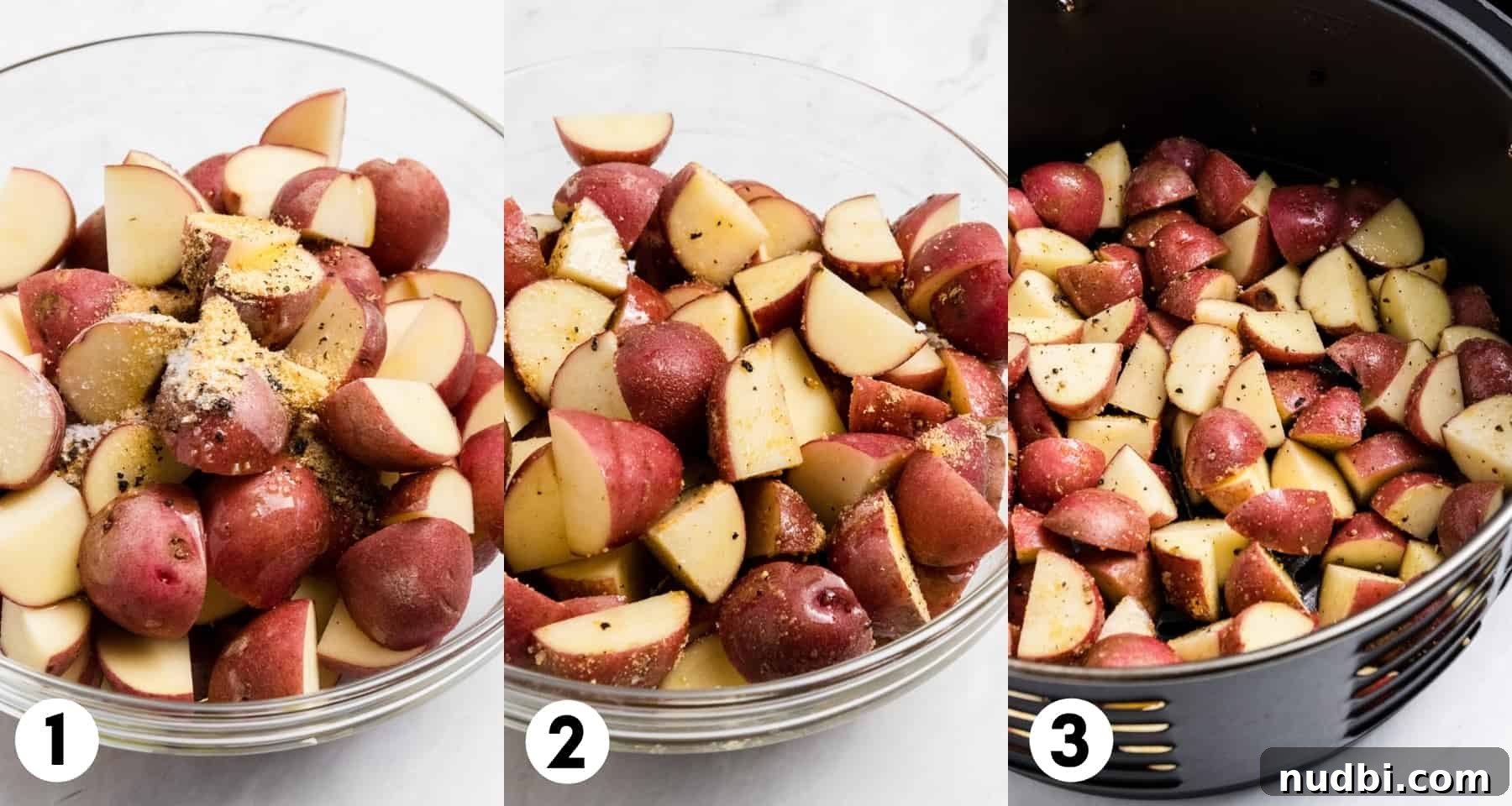 Crispy Buffalo-Style Air Fryer Baby Potatoes 4 Diced potatoes in bowl and in air fryer.