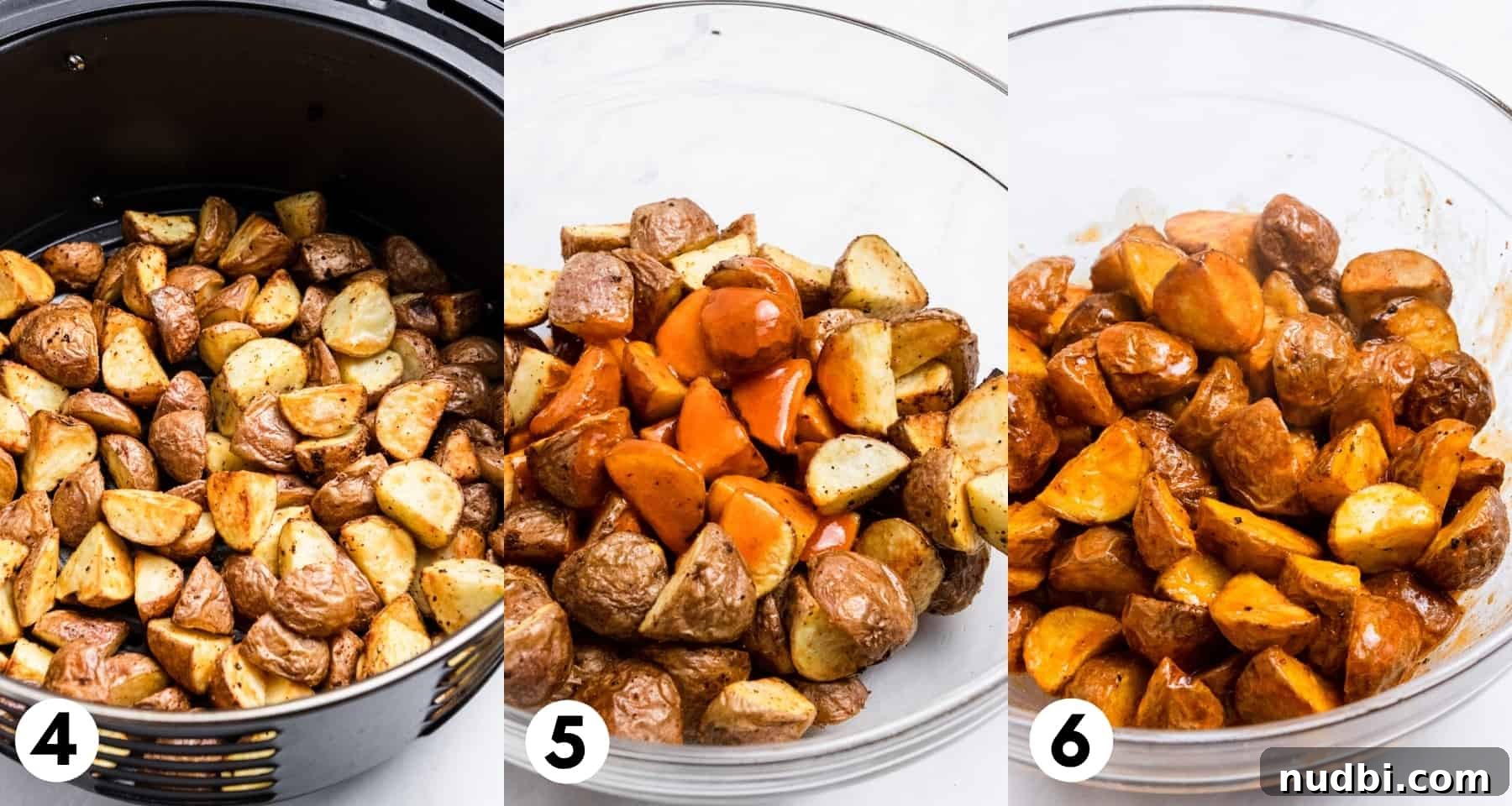 Crispy Buffalo-Style Air Fryer Baby Potatoes 5 Potatoes in air fryer and in bowl with hot sauce.