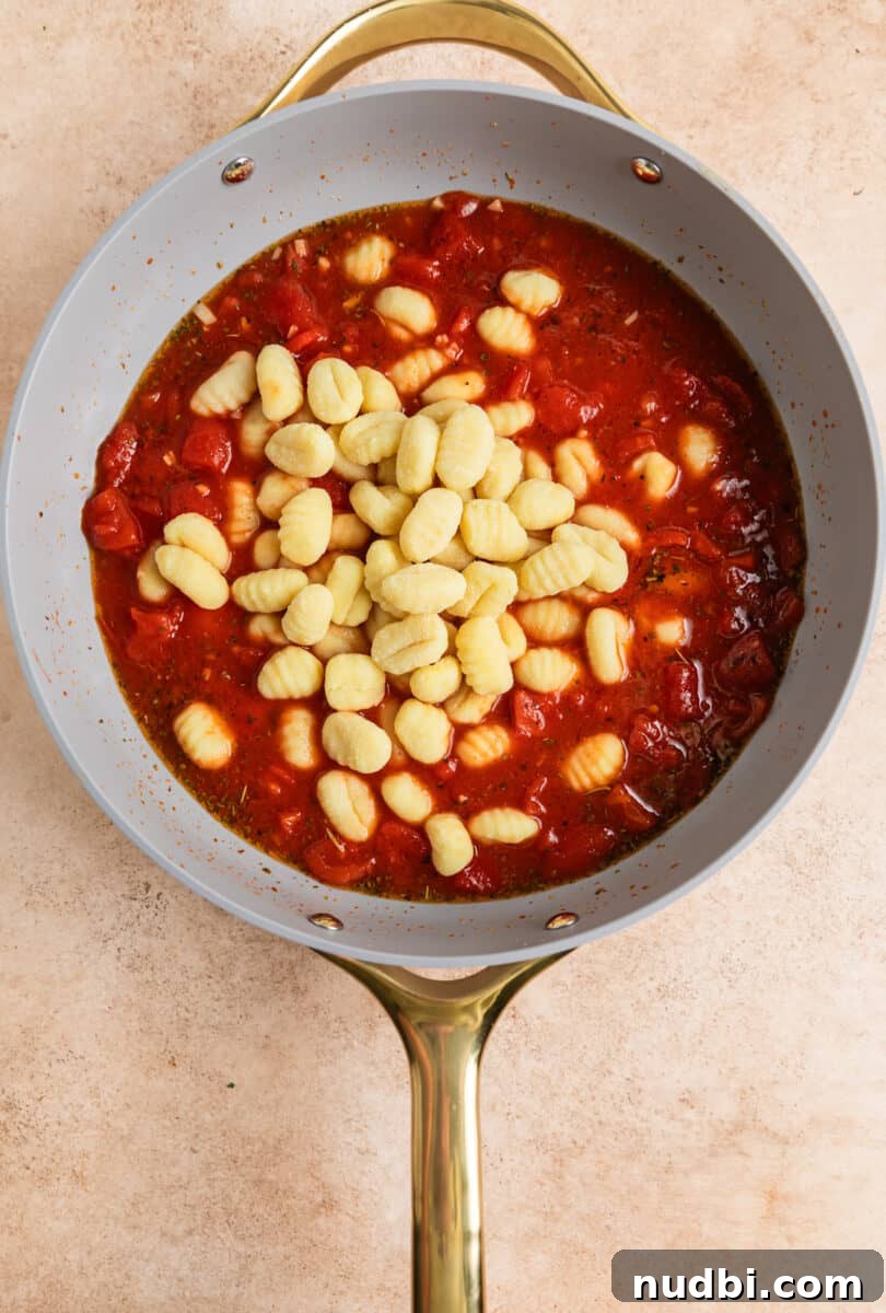 15-Minute Tomato Basil Gnocchi Recipe for Quick Weeknight Meals 5 Gnocchi added to tomato mixture in skillet.