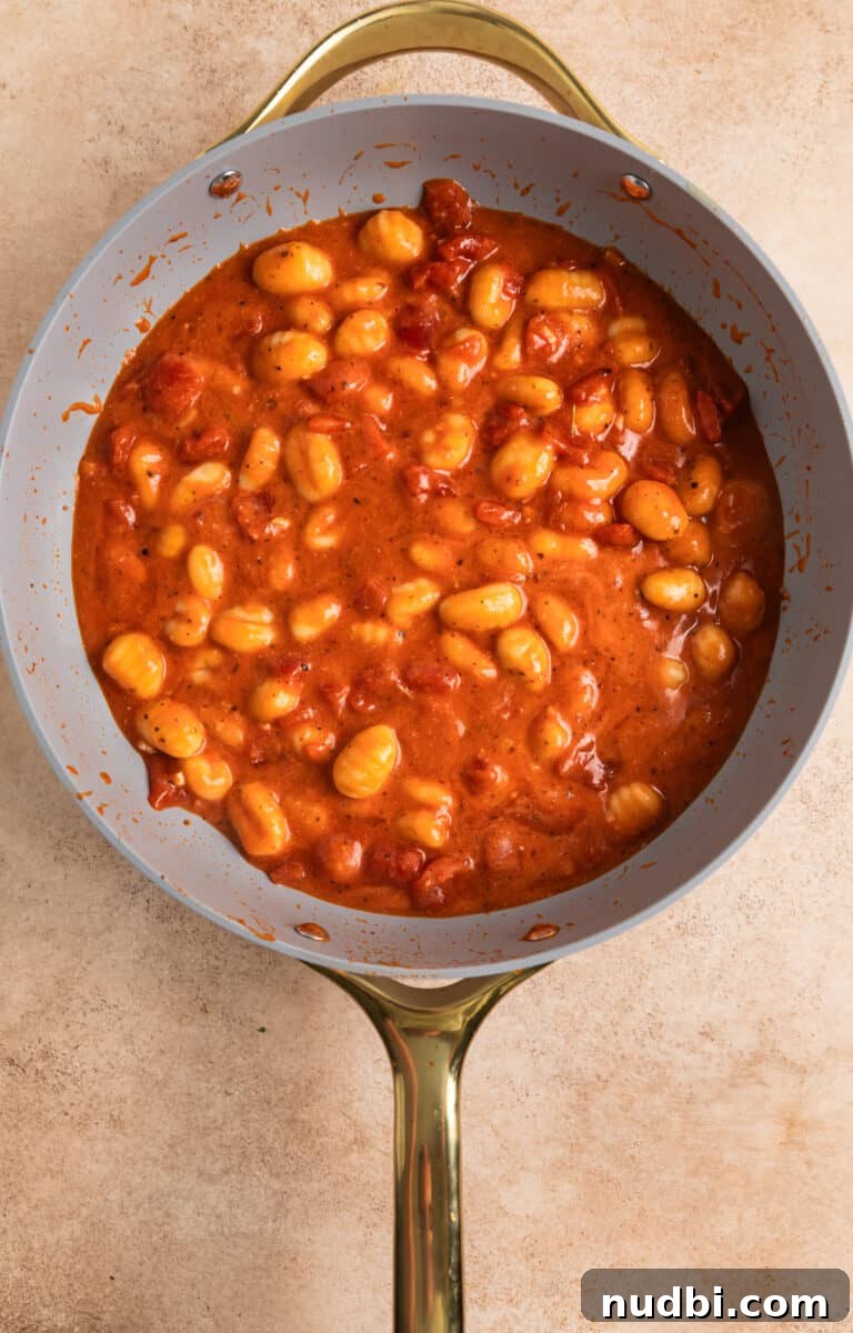 15-Minute Tomato Basil Gnocchi Recipe for Quick Weeknight Meals 6 Tomato mixture with gnocchi cooked and cream and parmesan added.