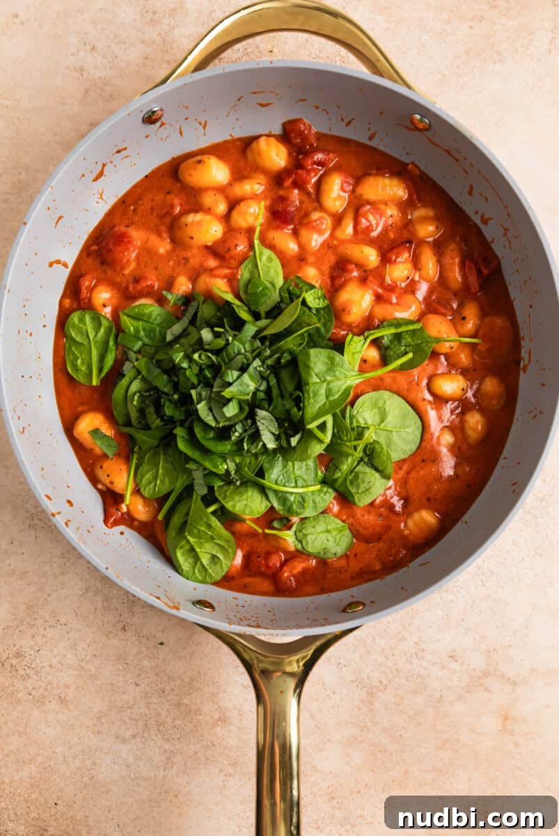 15-Minute Tomato Basil Gnocchi Recipe for Quick Weeknight Meals 7 Spinach and chopped basil added to skillet with tomato basil gnocchi.