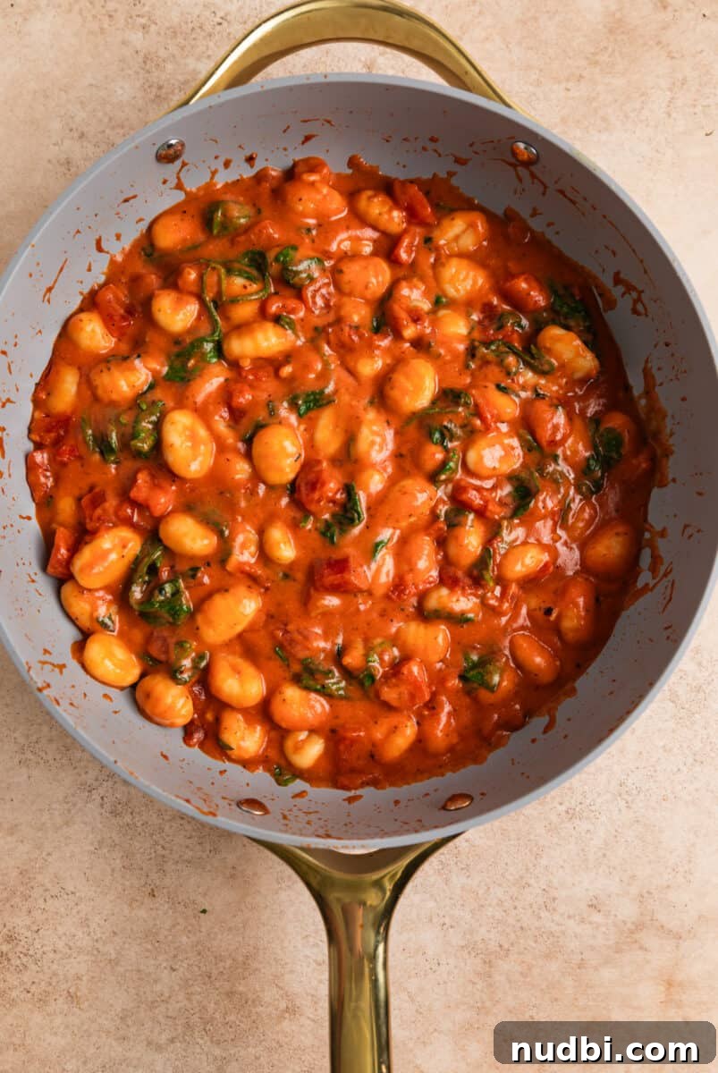 15-Minute Tomato Basil Gnocchi Recipe for Quick Weeknight Meals 8 Tomato basil skillet gnocchi in pan with spinach.