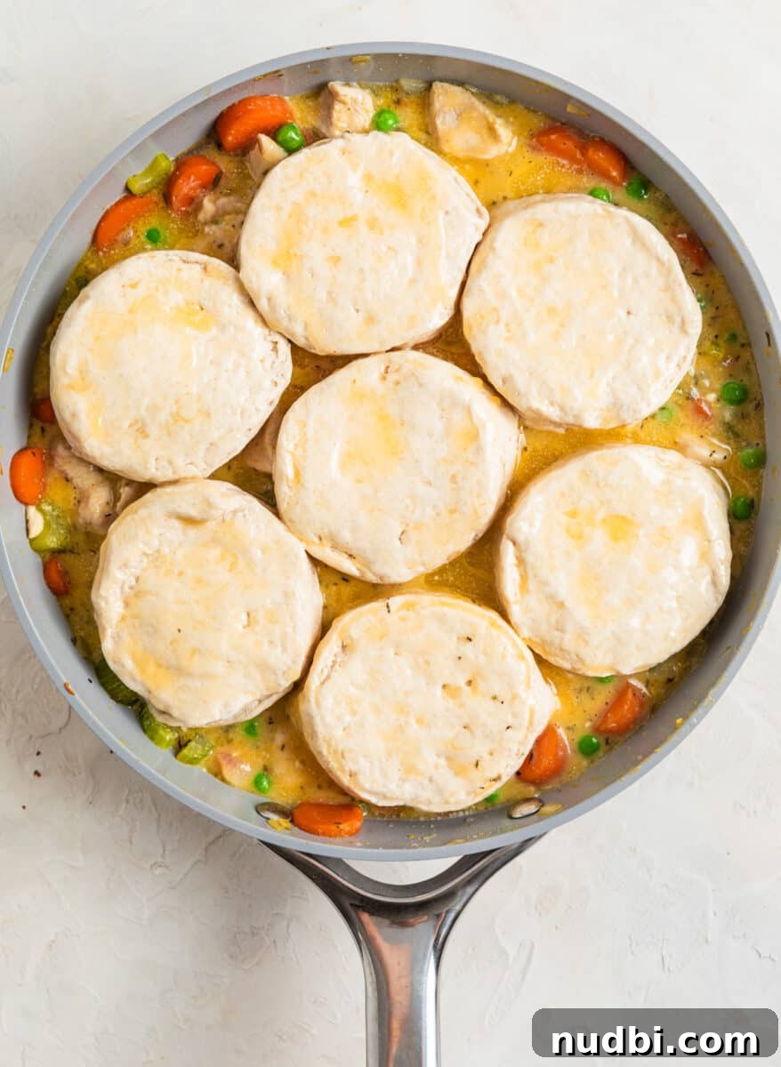 One-Pan Chicken and Biscuits Skillet Recipe 8 Biscuit dough laying on top of chicken mixture in skillet.