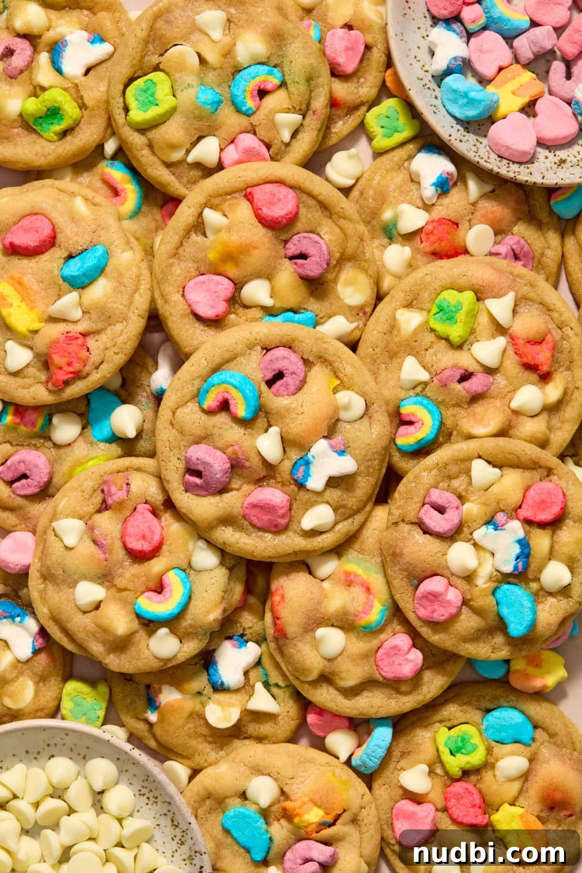 How to Make Lucky Charms Cookies (St. Patrick’s Treat) 2 Lucky Charms cookies with marshmallows and white chocolate chips laying on surface.