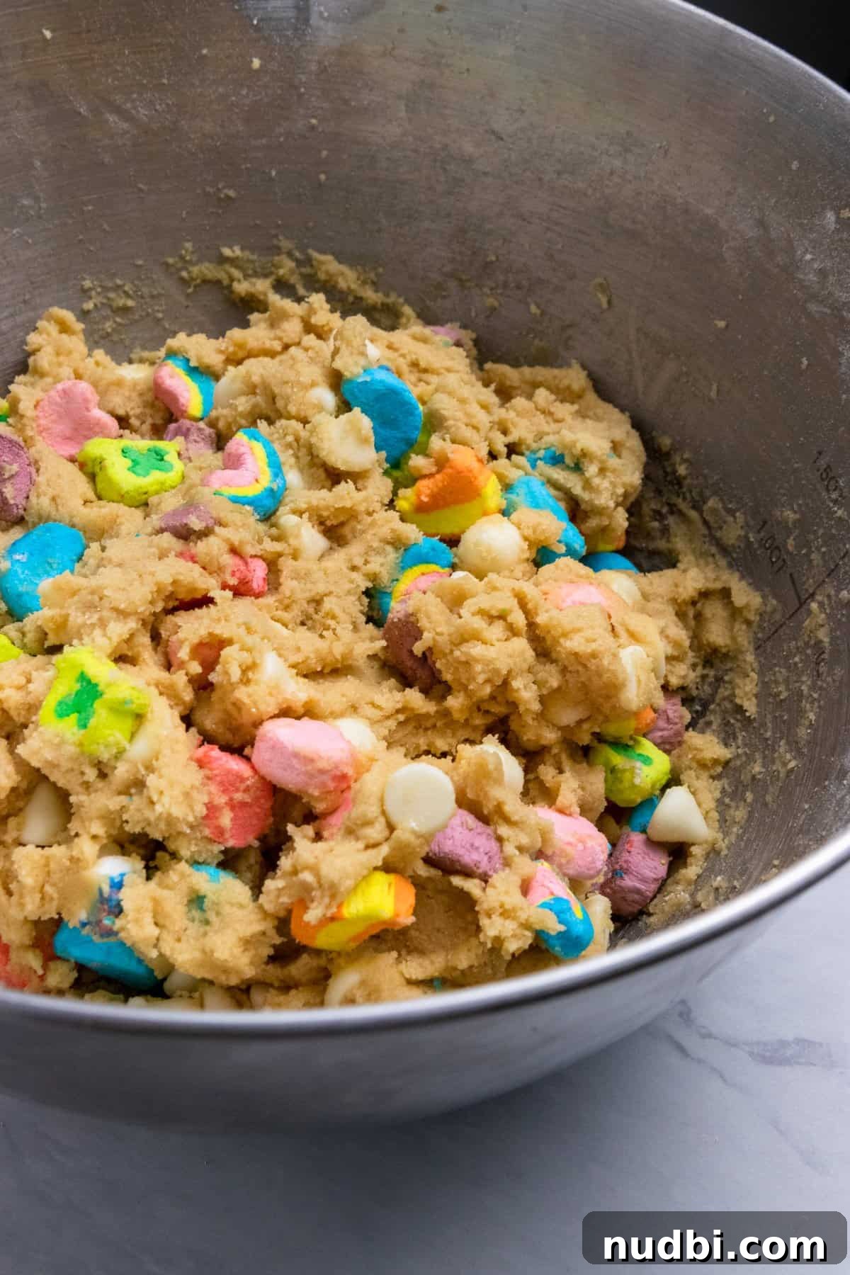 How to Make Lucky Charms Cookies (St. Patrick’s Treat) 8 Lucky charm cookie dough in mixing bowl.