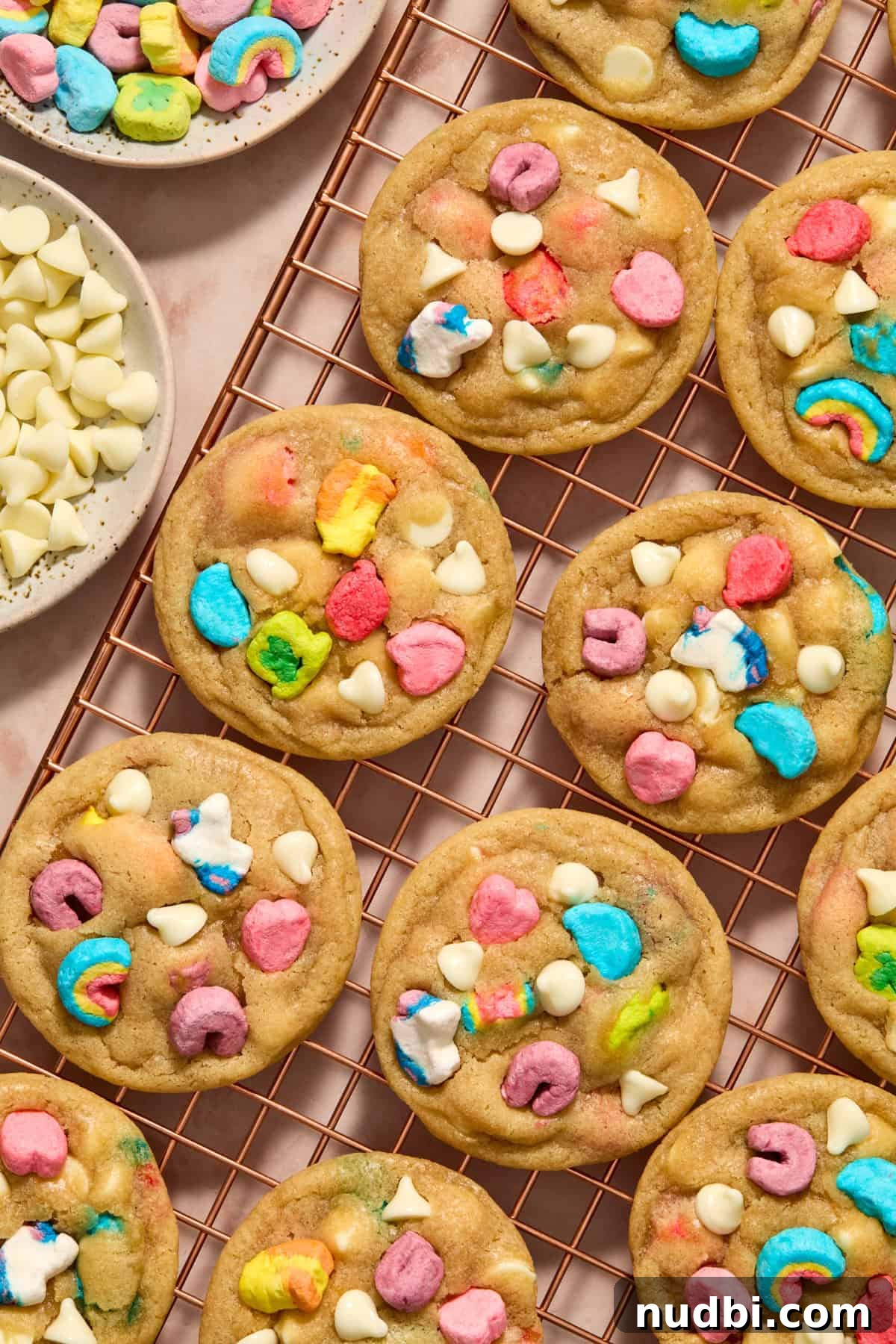 How to Make Lucky Charms Cookies (St. Patrick’s Treat) 10 Cooling rack with cookies that have Lucky Charms marshmallows in them.