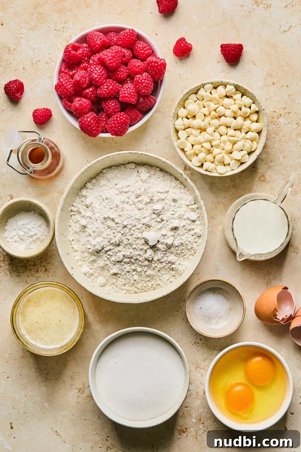 White Chocolate Raspberry Muffins Recipe — Moist, Fruity Treat 3 Flour, eggs, sugar, eggs and other ingredients arranged and prepared for muffin recipe.