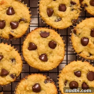 Almond flour banana muffins arranged on cooling rack with chocolate chips pressed into tops of muffins.