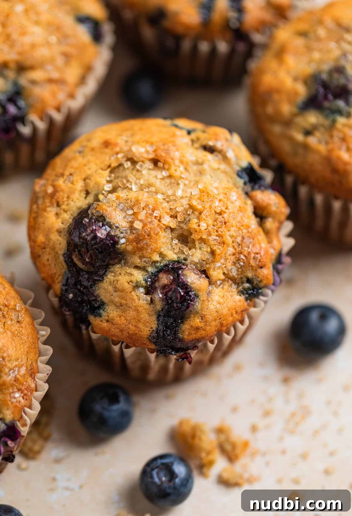Moist Banana Blueberry Muffins with a Crunchy Streusel 2 Blueberry banana muffins with blueberries on surface.