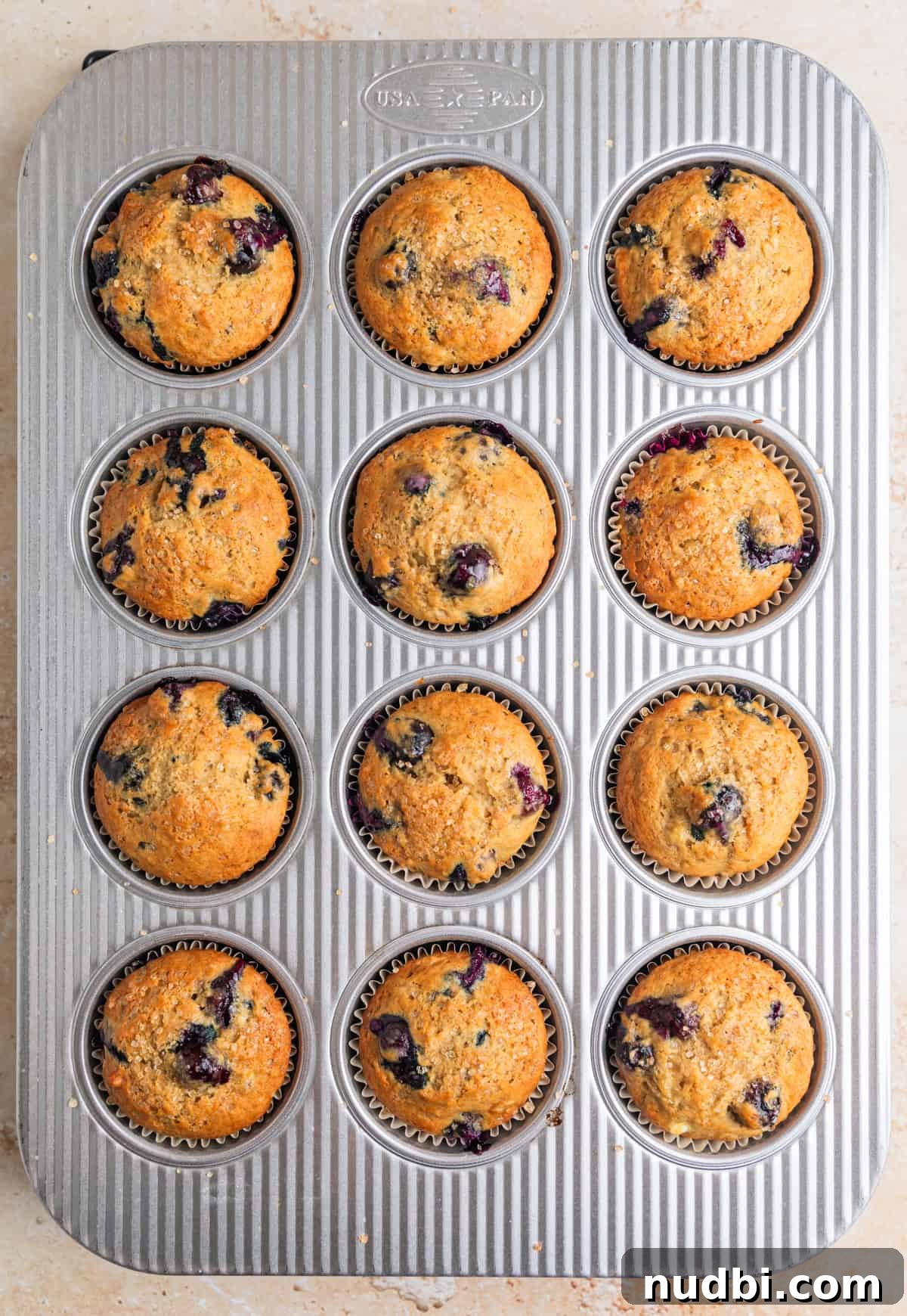 Moist Banana Blueberry Muffins with a Crunchy Streusel 11 Muffins after baking in muffin tin.