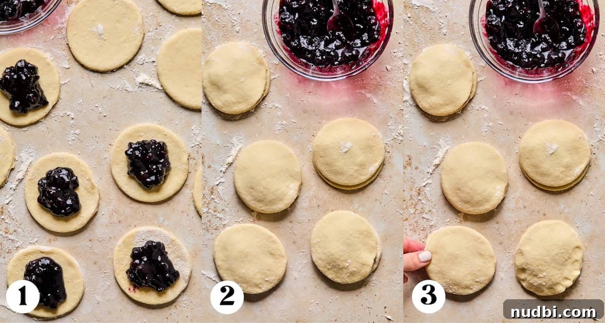 Air Fryer Blueberry Hand Pies Recipe 13 Pie crust being filled with blueberry pie filling and then covered.