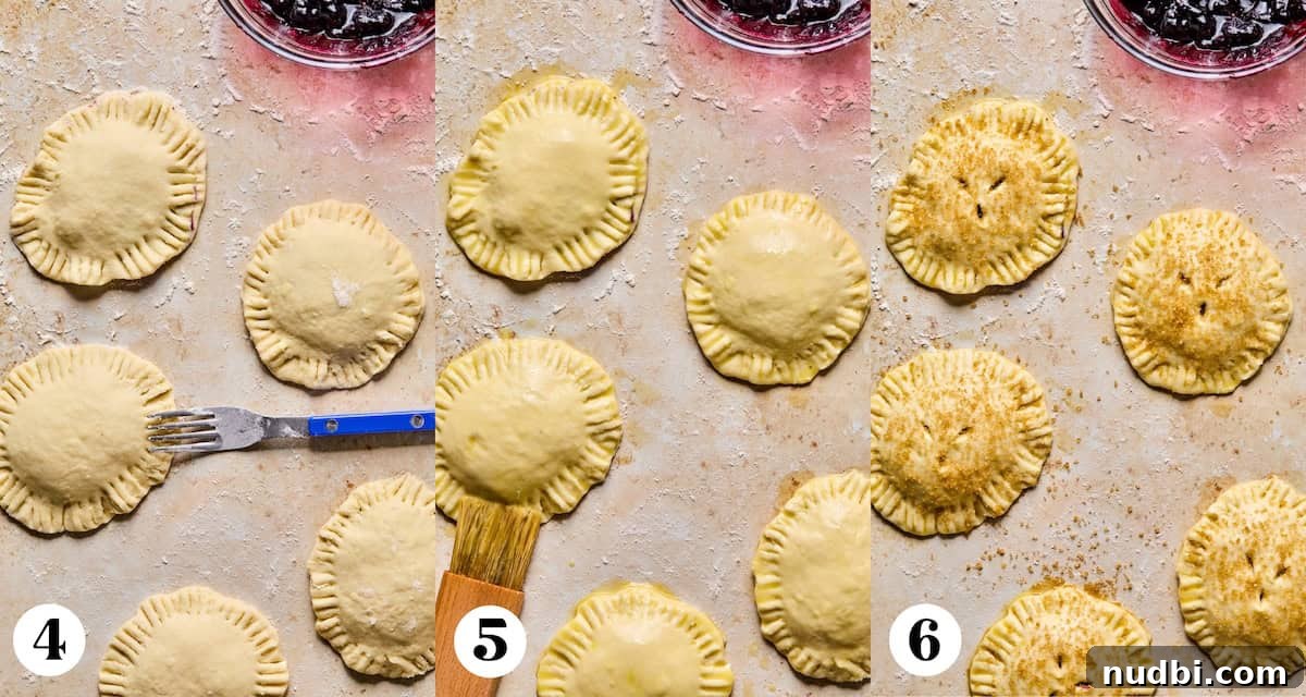 Air Fryer Blueberry Hand Pies Recipe 14 Step by step images showing hand pie crust being crimped and brushed with egg wash.