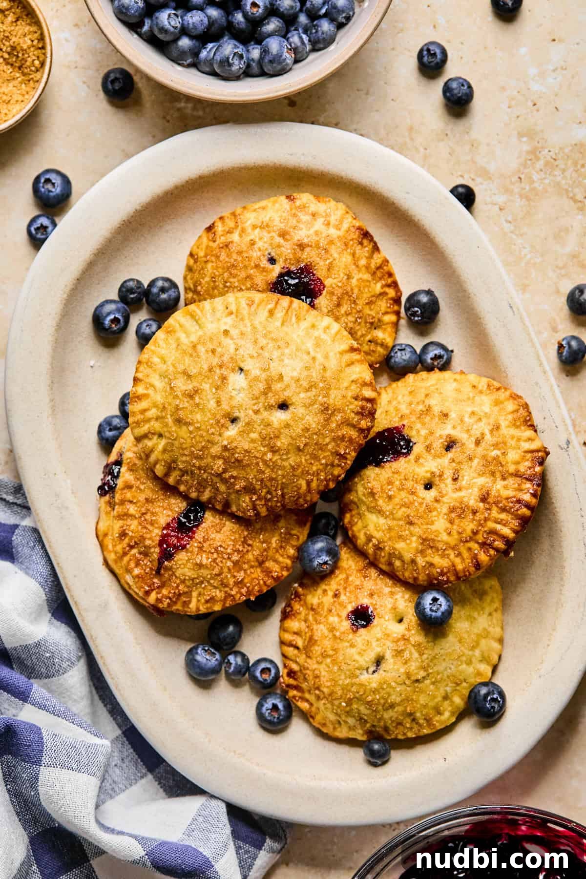 Air Fryer Blueberry Hand Pies Recipe 17 Blueberry hand pies on plate with bowl of blueberries beside it.