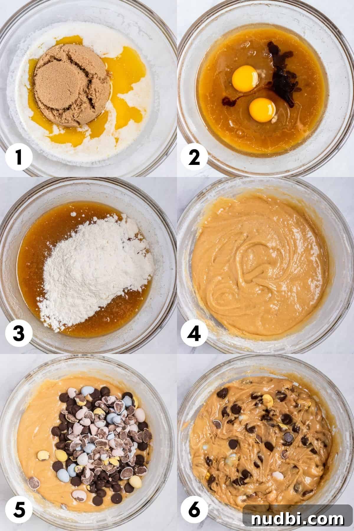 Mini Egg Cheesecake Cookie Bars Recipe for Spring Desserts 5 Mixing bowl photos with brown sugar, butter, eggs and other ingredients mixed in.