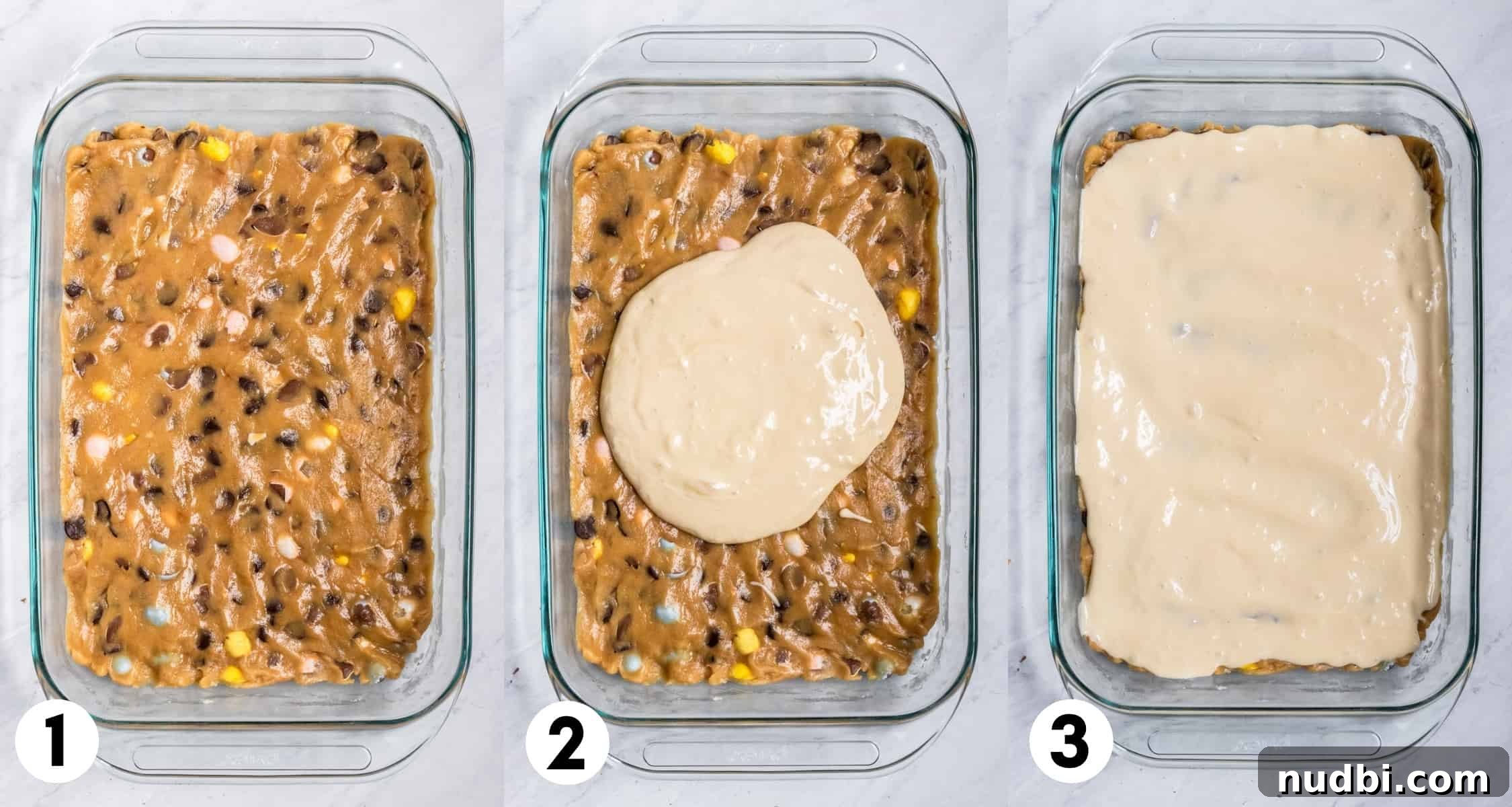 Mini Egg Cheesecake Cookie Bars Recipe for Spring Desserts 7 Mini egg cookie bar dough and cheesecake layer in baking pan.