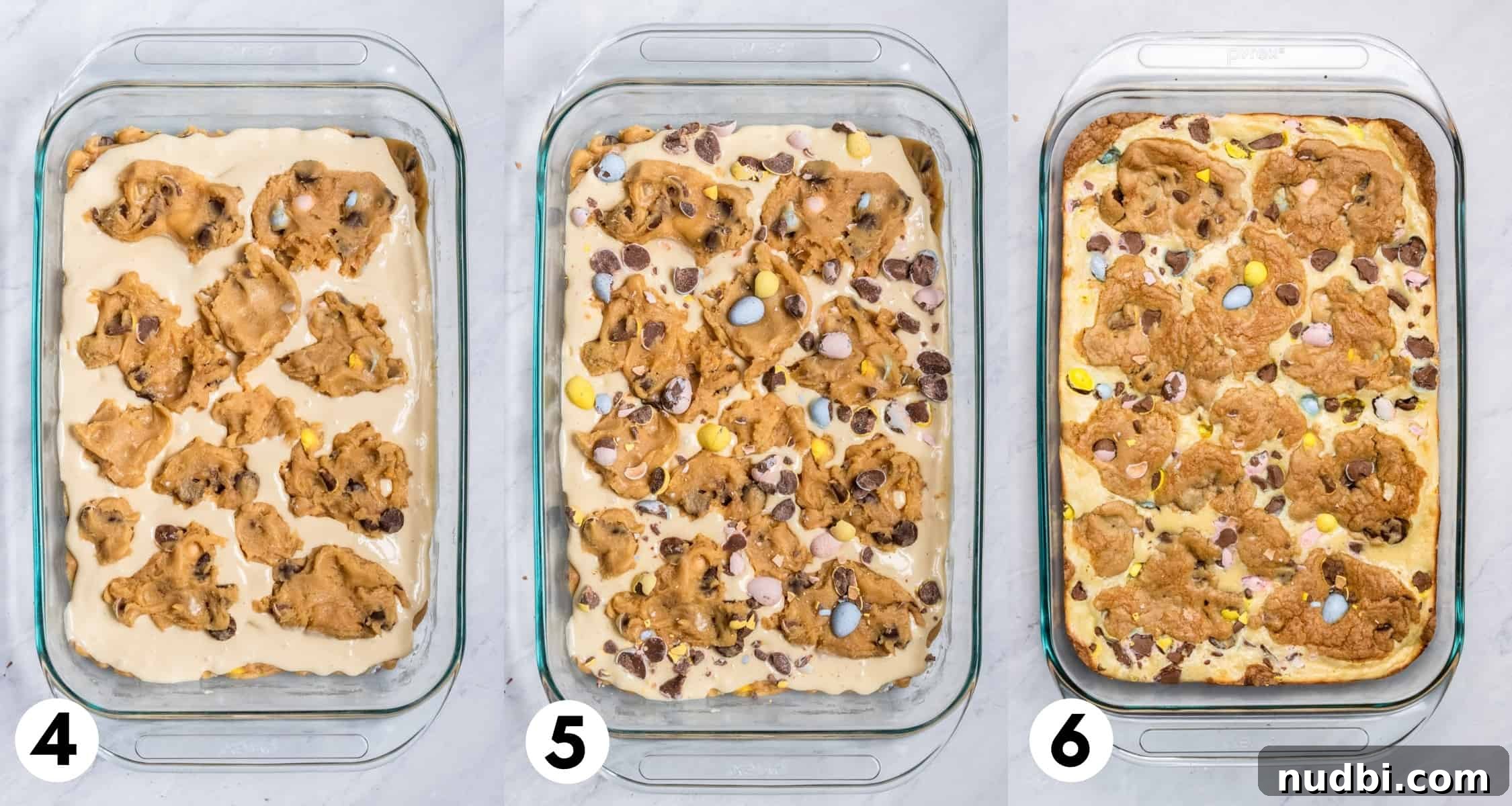 Mini Egg Cheesecake Cookie Bars Recipe for Spring Desserts 8 Cookie dough layer on top of cheesecake layer in baking pan and then fully baked.