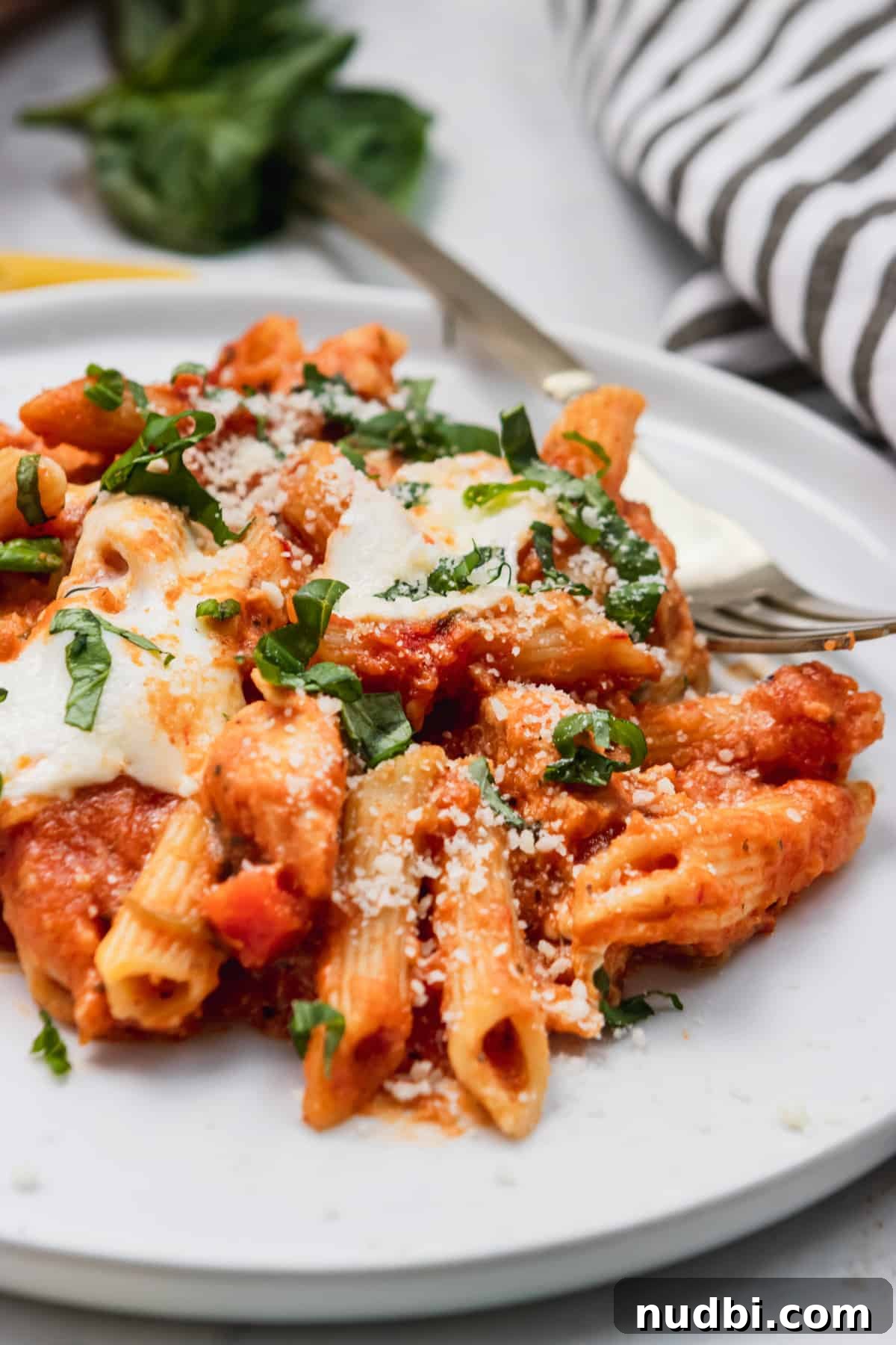 Cheesy Chicken Parmesan Casserole Bake for Weeknight Dinners 2 Chicken parmesan pasta on plate with melted cheese and fork.
