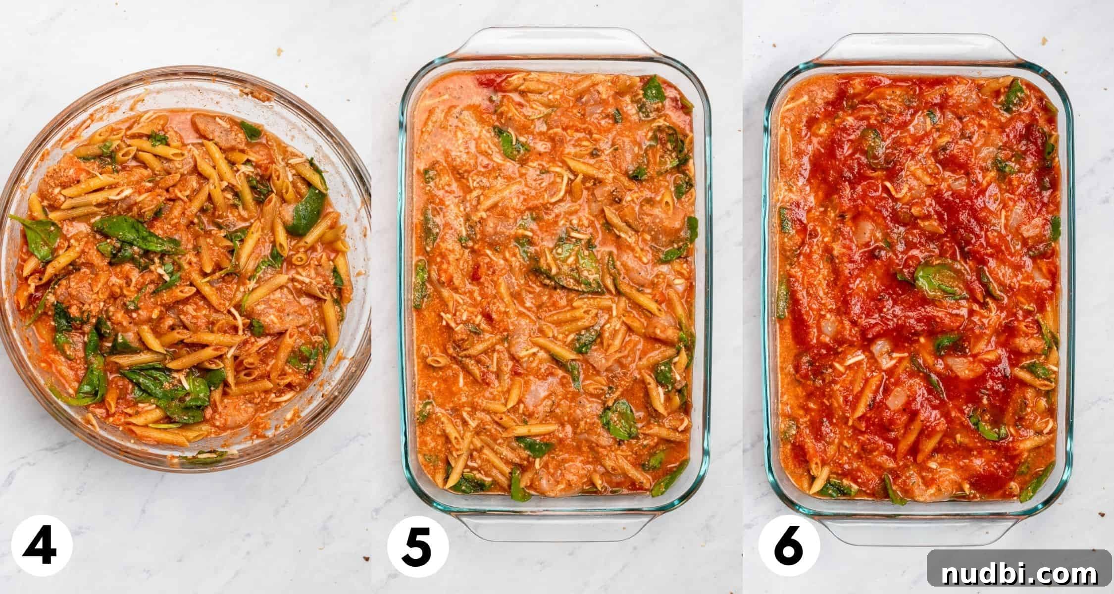 Cheesy Chicken Parmesan Casserole Bake for Weeknight Dinners 5 Chicken Parmesan casserole in mixing bowl and then in baking pan with extra sauce on top.