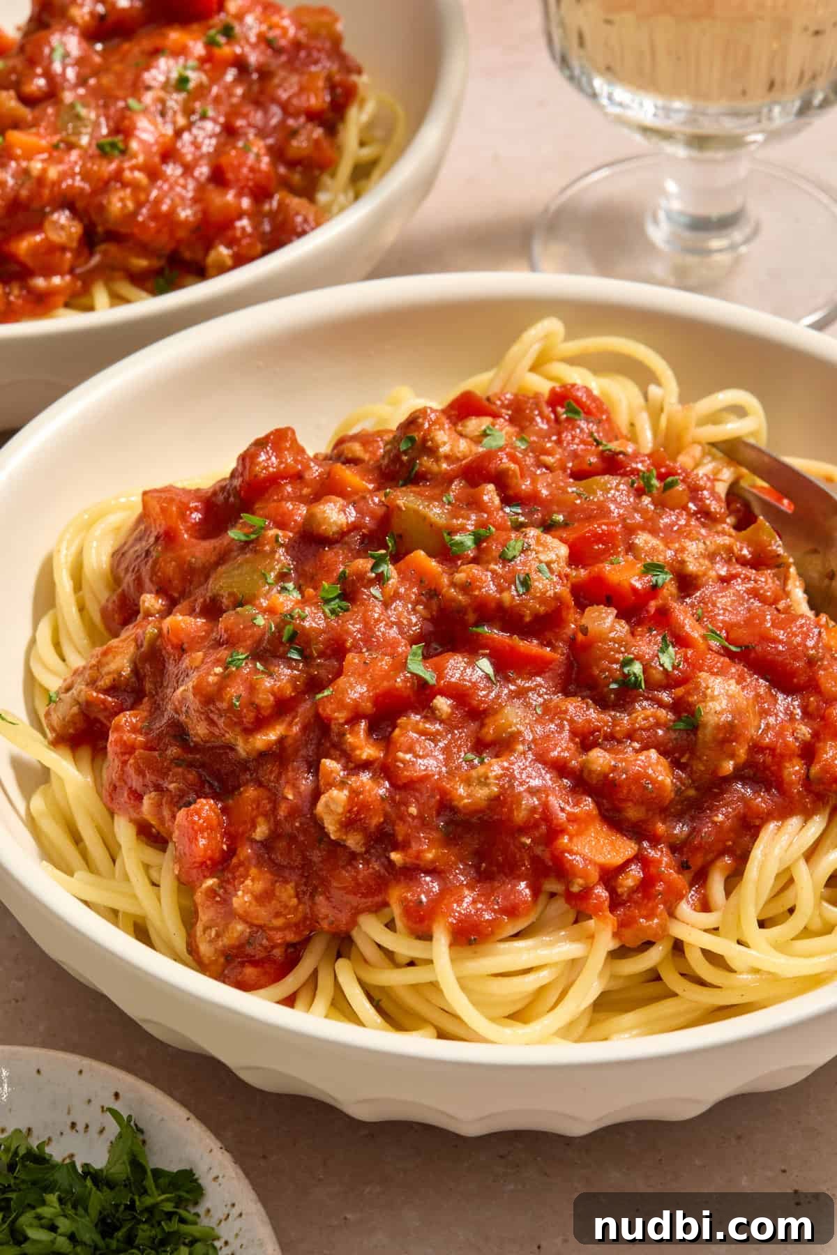 Savory Ground Turkey Spaghetti Sauce Recipe 2 Ground turkey spaghetti sauce over pasta topped with chopped parsley.