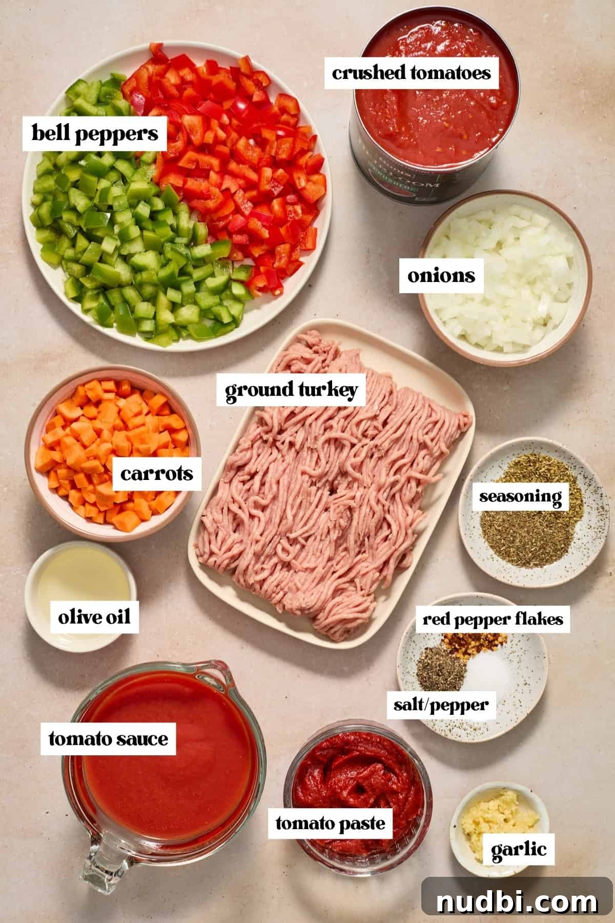 Savory Ground Turkey Spaghetti Sauce Recipe 4 Chopped carrots and peppers, onions, meat, tomatoes and other labeled ingredients.