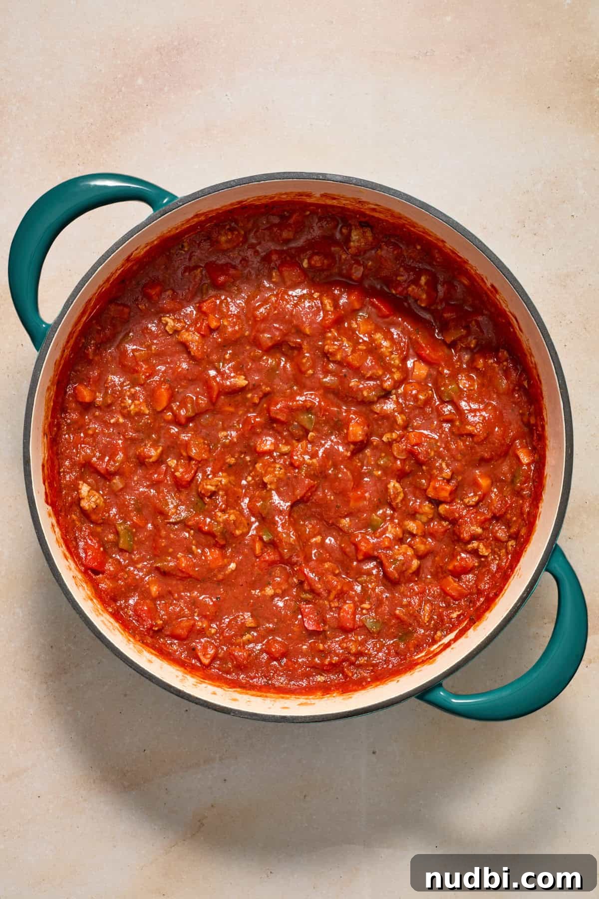 Savory Ground Turkey Spaghetti Sauce Recipe 10 Dutch oven with turkey meat sauce.