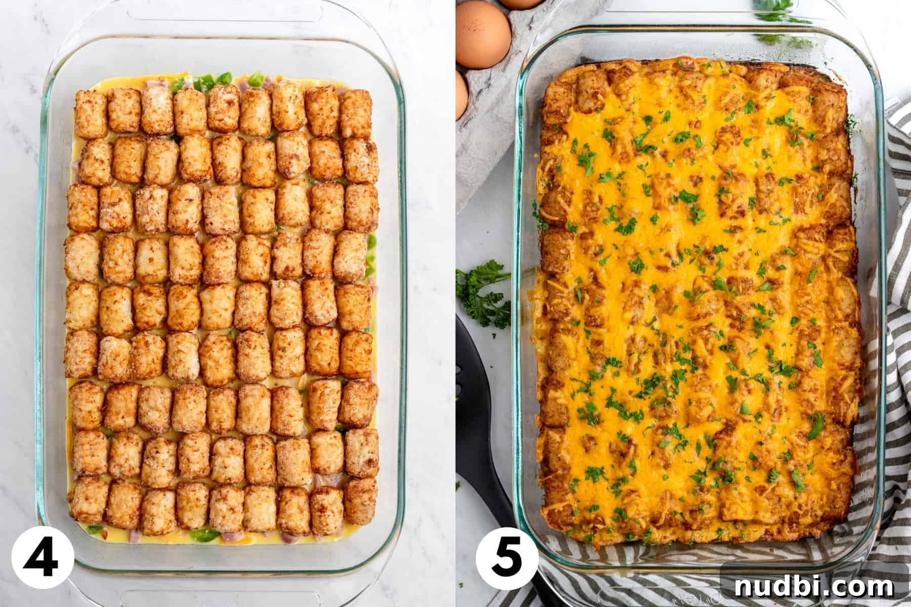 Cheesy Tater Tot Breakfast Casserole with Sausage and Eggs 5 Tator tots lined up in 9x13 inch pan and then baked with cheese on top.