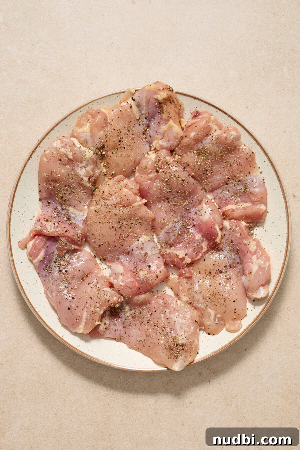 Creamy Mushroom Chicken Thighs with Garlic and Herbs 4 Chicken thighs with seasoning arranged on plate before cooking.
