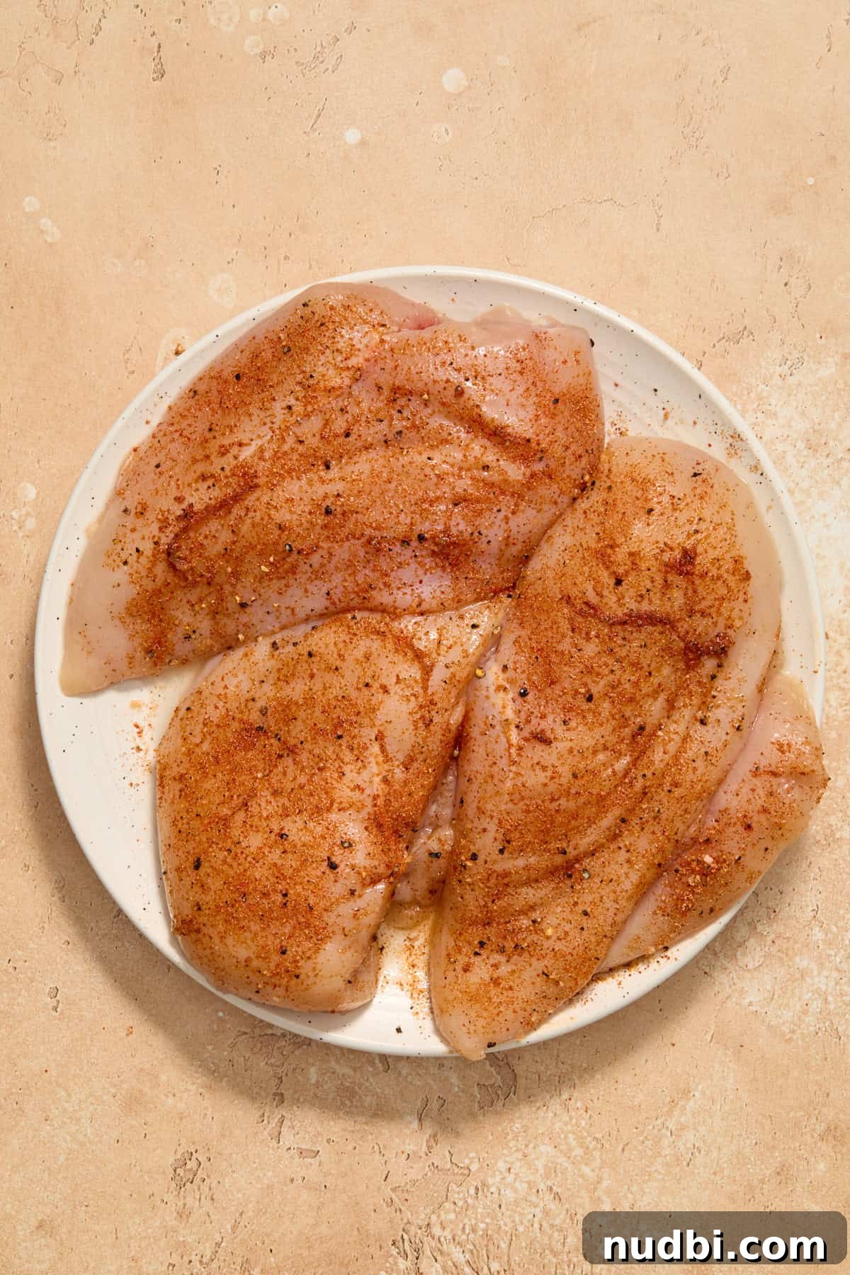 Juicy BBQ Chicken Breast in the Air Fryer — Quick Recipe 5 Seasoned chicken breasts on plate.