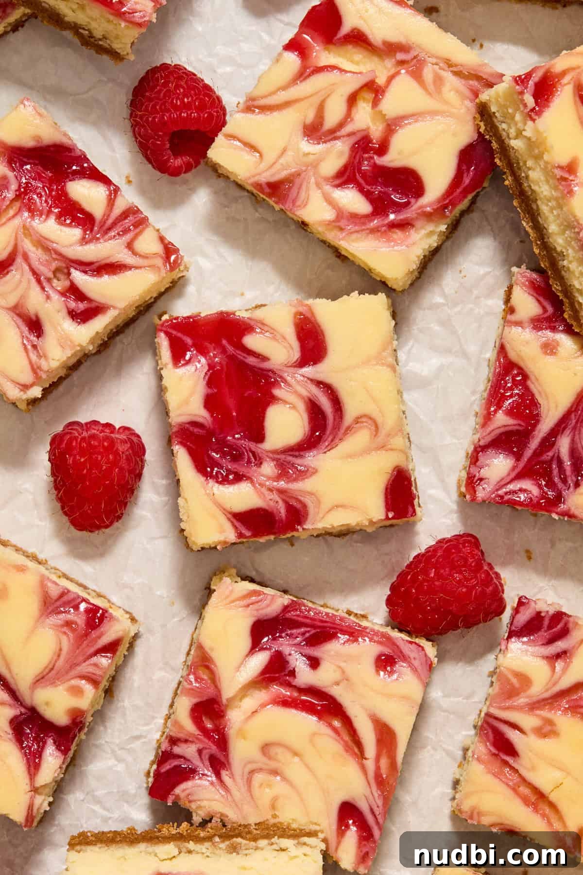 White Chocolate Raspberry Cheesecake Bars Recipe 2 Raspberry swirled cheesecake bars arranged on parchment with raspberries arranged around.