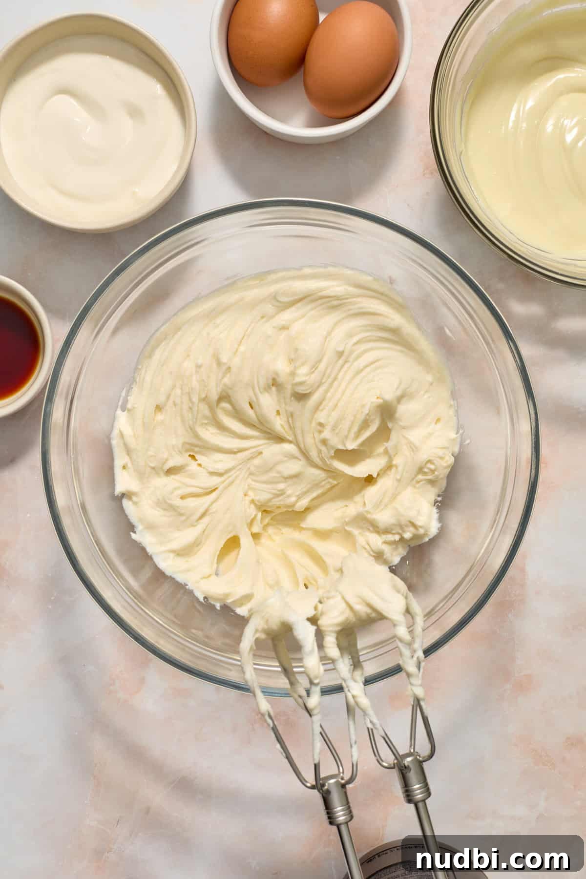 White Chocolate Raspberry Cheesecake Bars Recipe 11 Cream cheese and sugar creamed in glass bowl with hand mixer set to the side as well as eggs and melted chocolate.