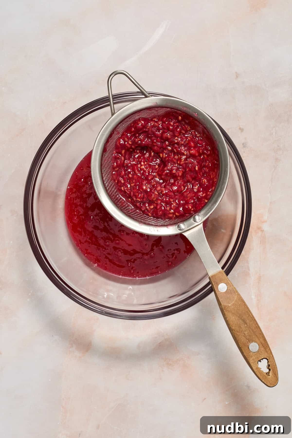 White Chocolate Raspberry Cheesecake Bars Recipe 6 Raspberry seeds being separated from sauce in fine mesh sieve.